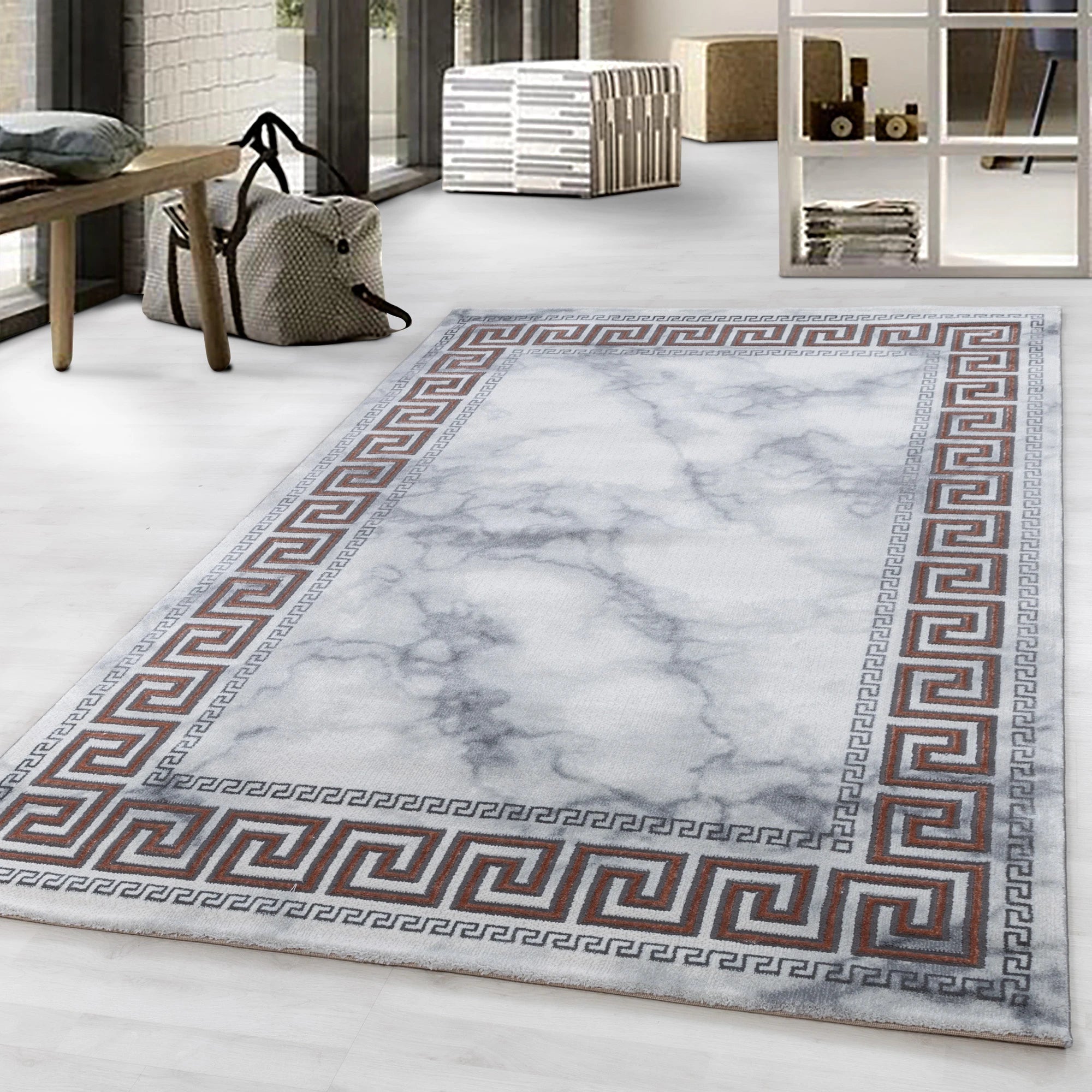 Modern Greek Key Marble Look Border Area Rug | Bronze