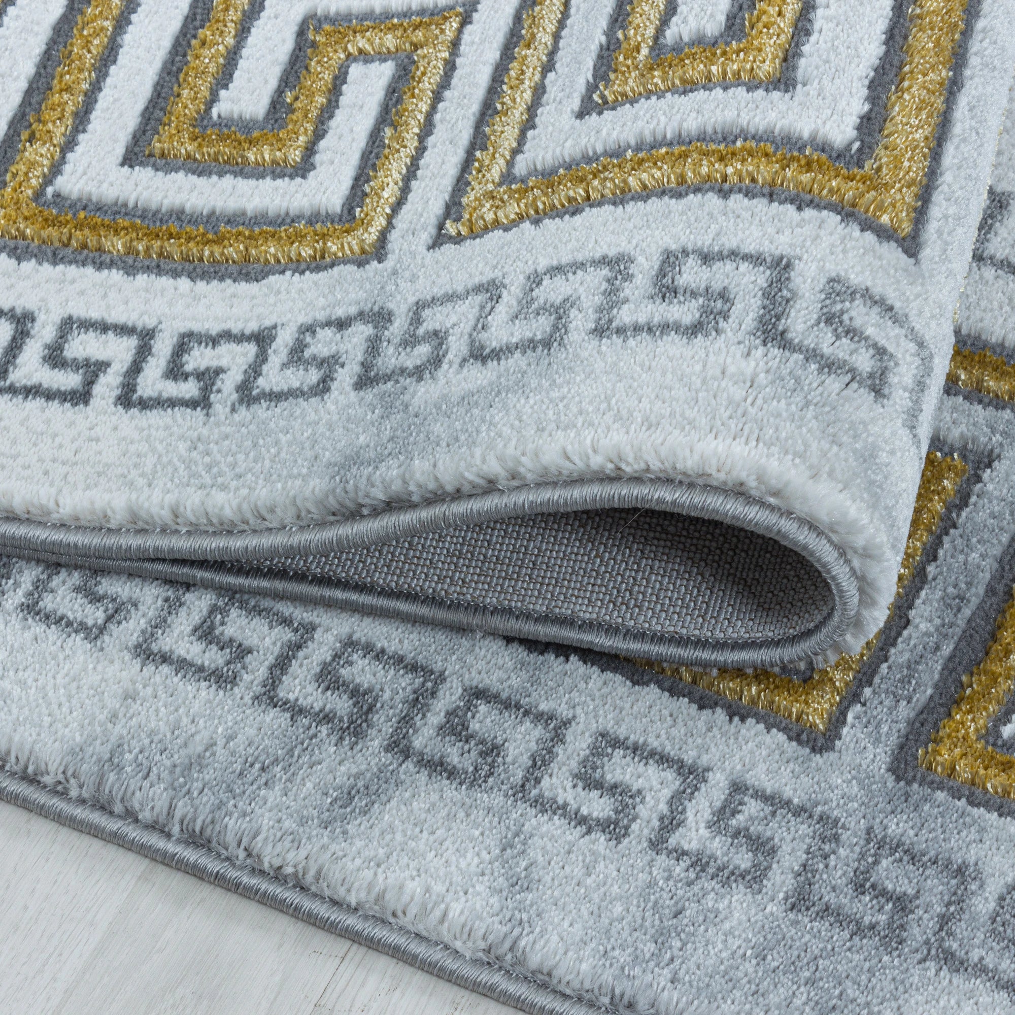 Modern Greek Key Marble Look Border Area Rug | Gold