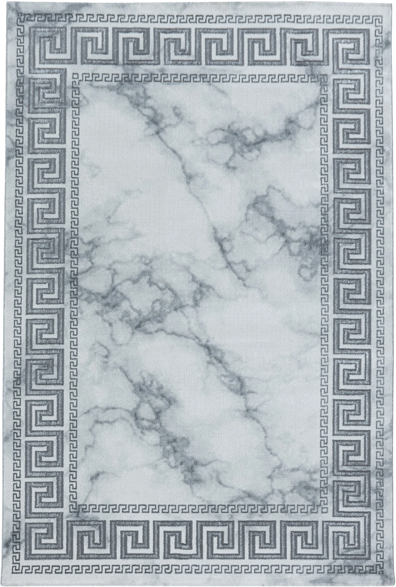 Modern Greek Key Marble Look Border Area Rug | Silver