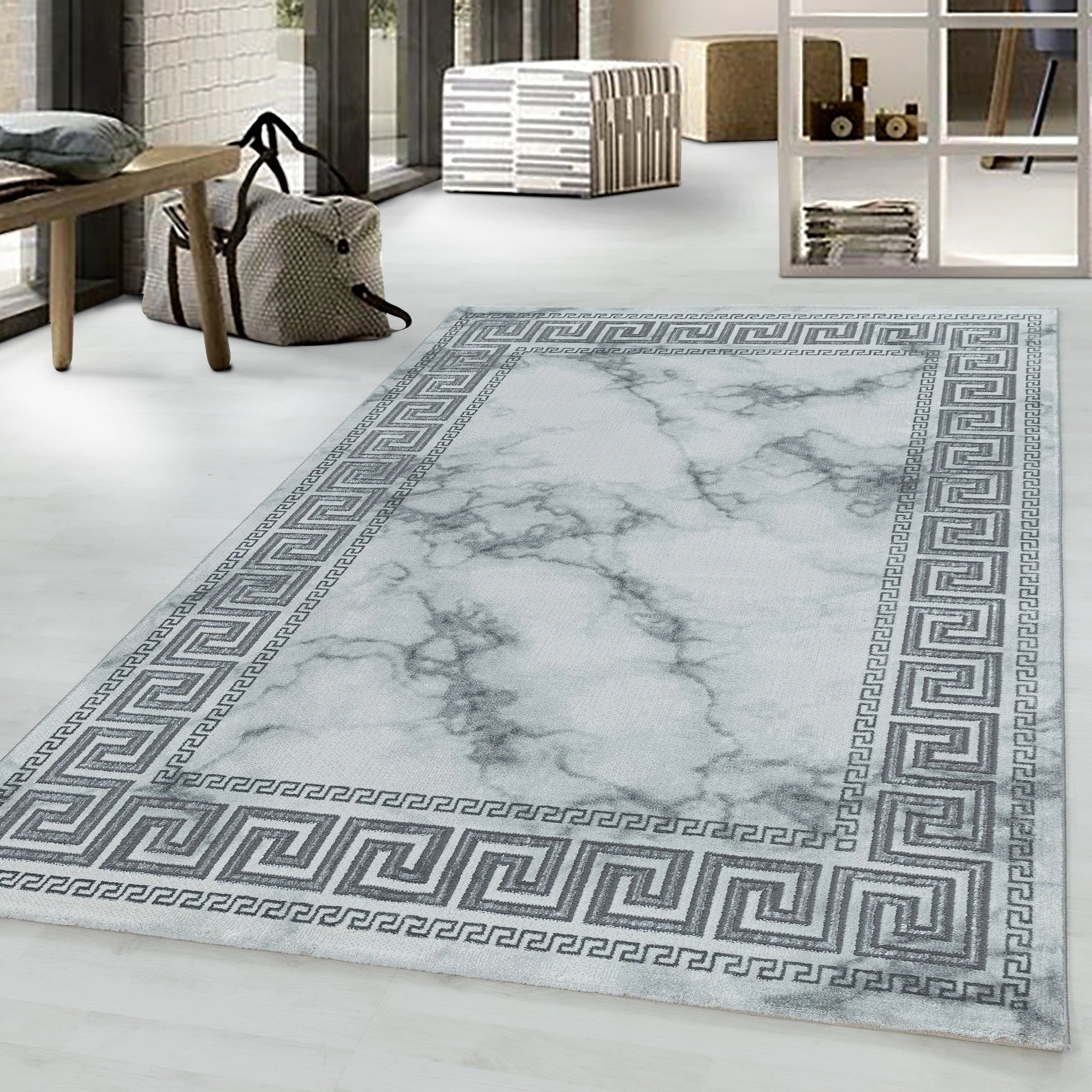 Modern Greek Key Marble Look Border Area Rug | Silver