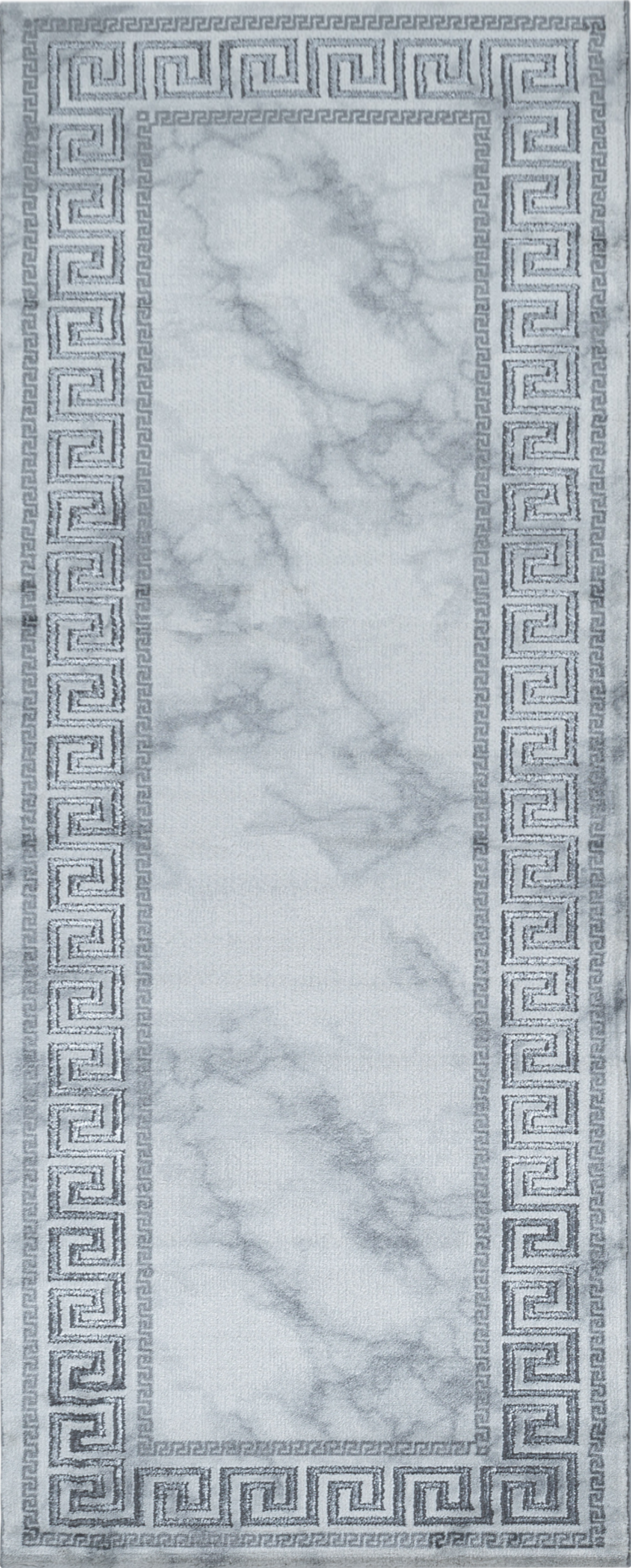 Modern Greek Key Marble Look Border Area Rug | Silver