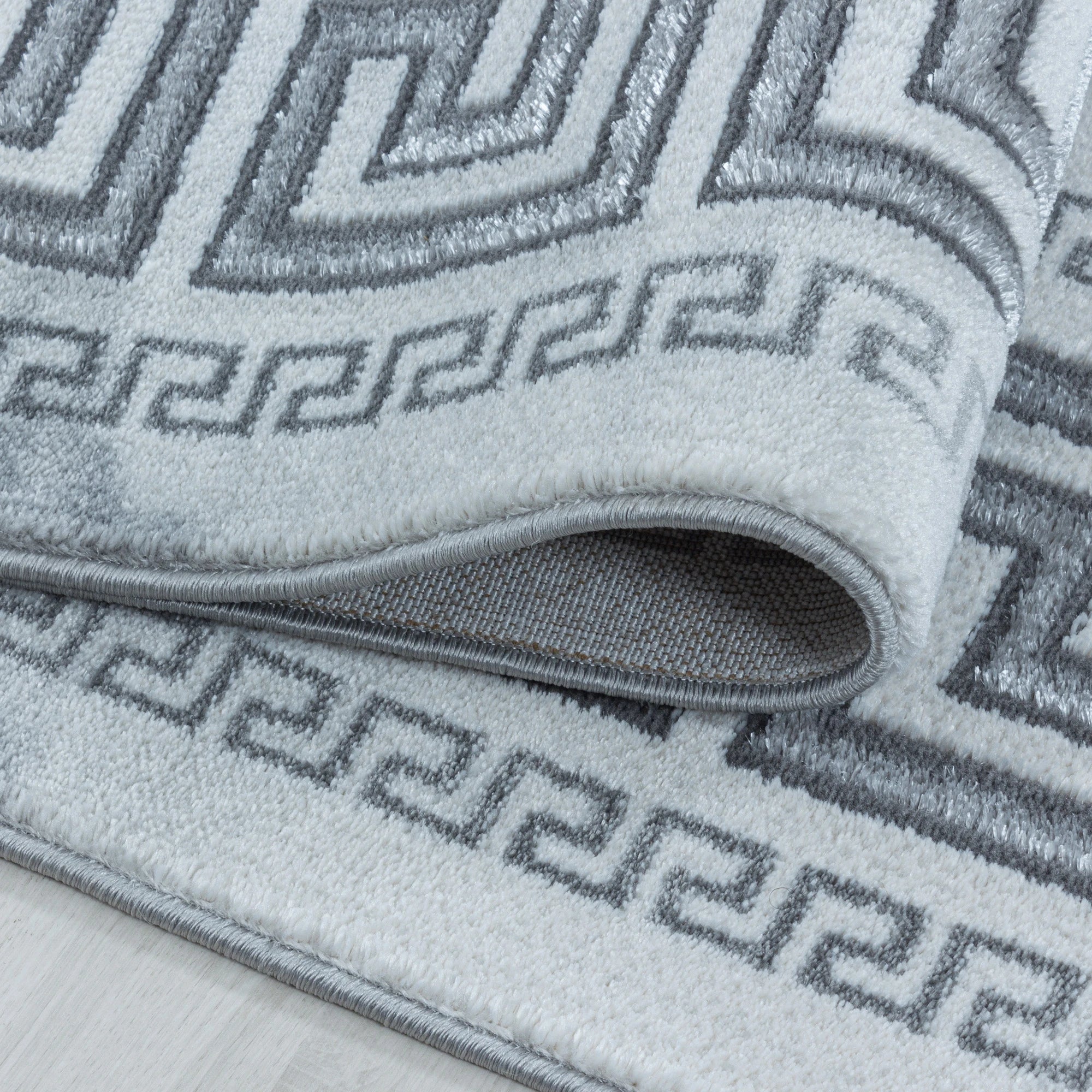 Modern Greek Key Marble Look Border Area Rug | Silver