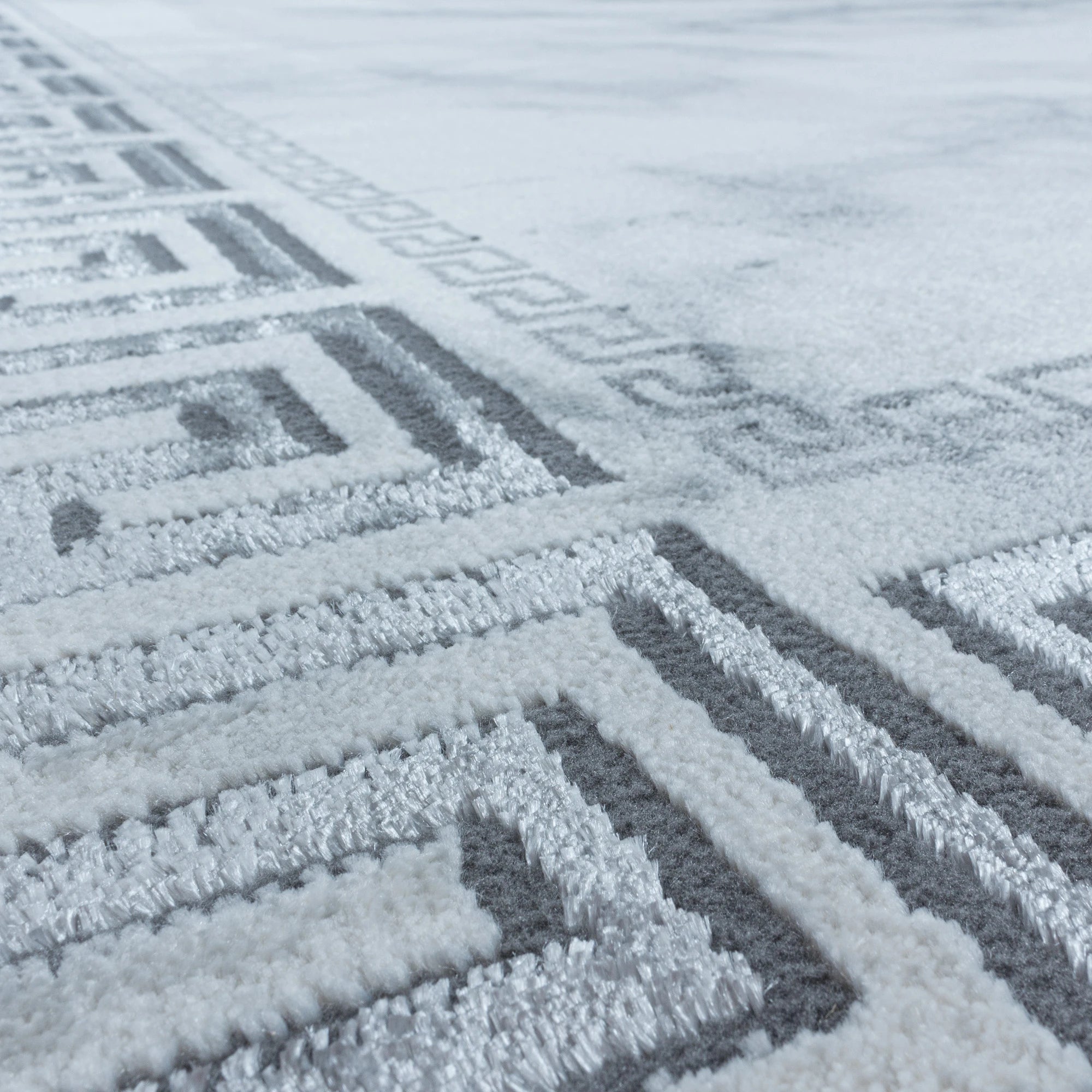 Modern Greek Key Marble Look Border Area Rug | Silver