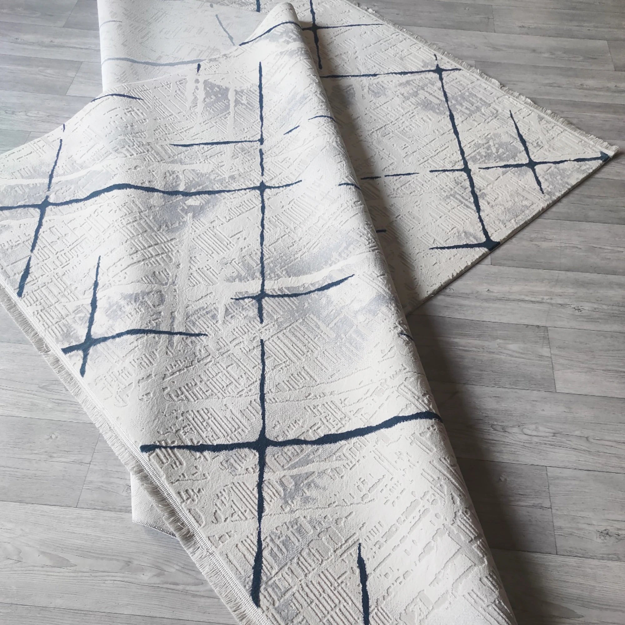 Modern Blue & White Crosshatch Abstract Rug