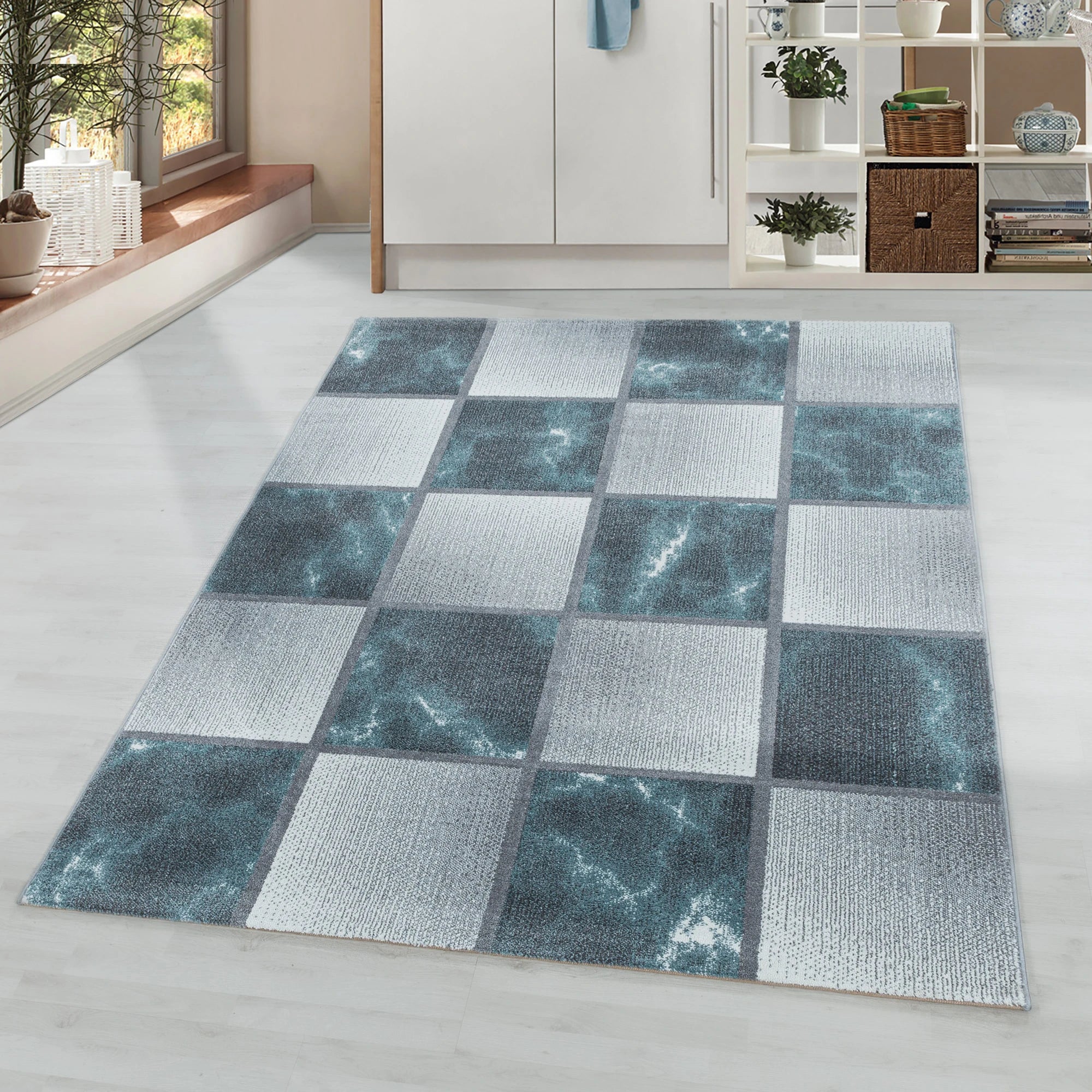 Abstract Marble Effect Checkerboard Area Rug | Blue