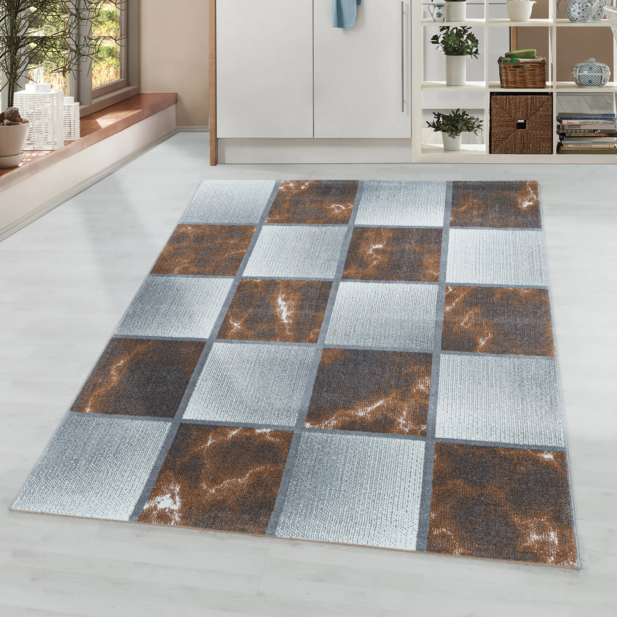 Abstract Marble Effect Checkerboard Area Rug | Copper