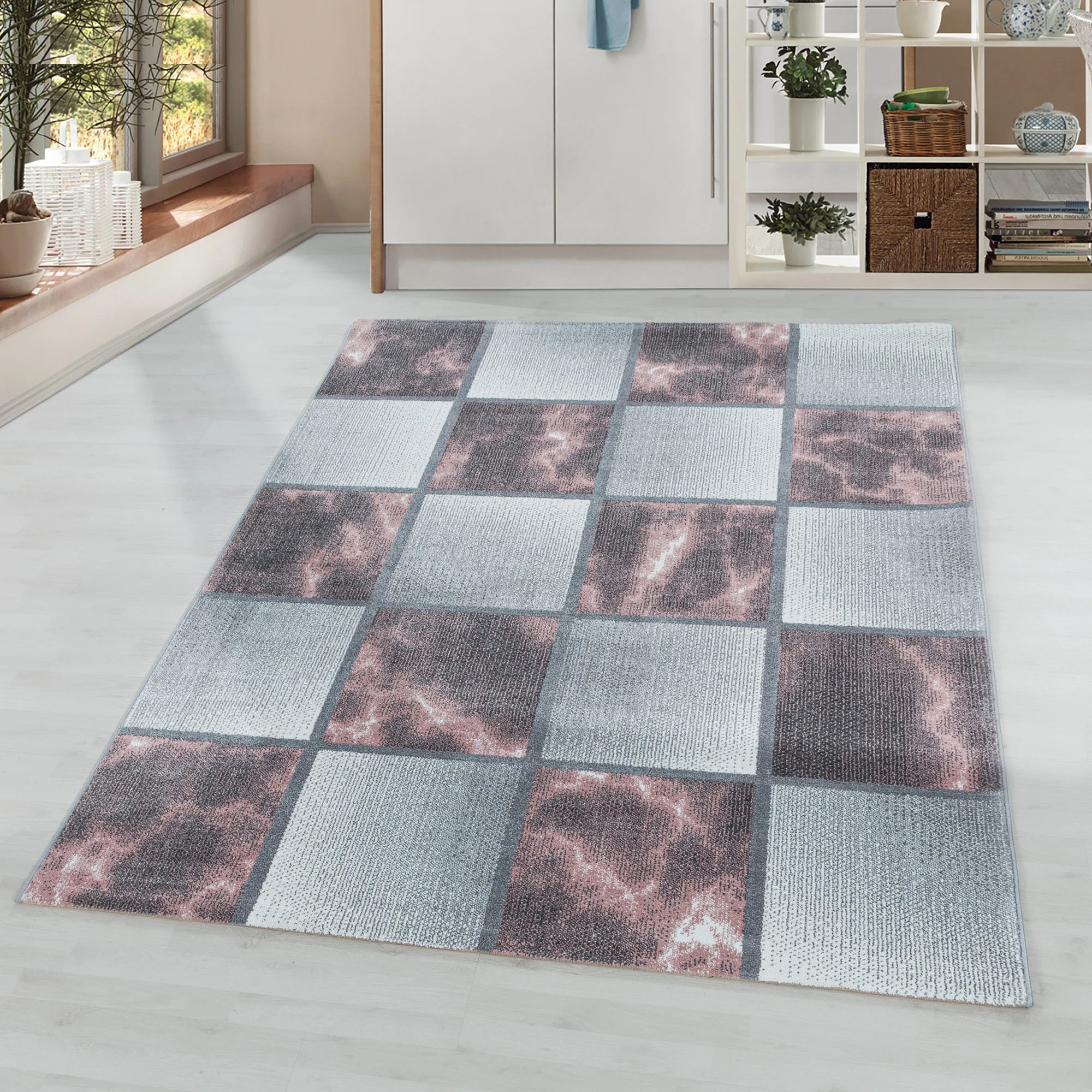 Abstract Marble Effect Checkerboard Area Rug | Rose