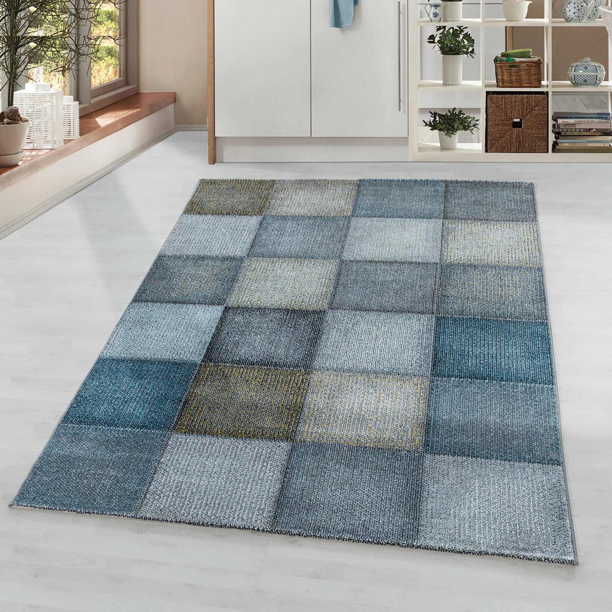 Checkerboard Neutral Decor Living Room Carpet | Blue