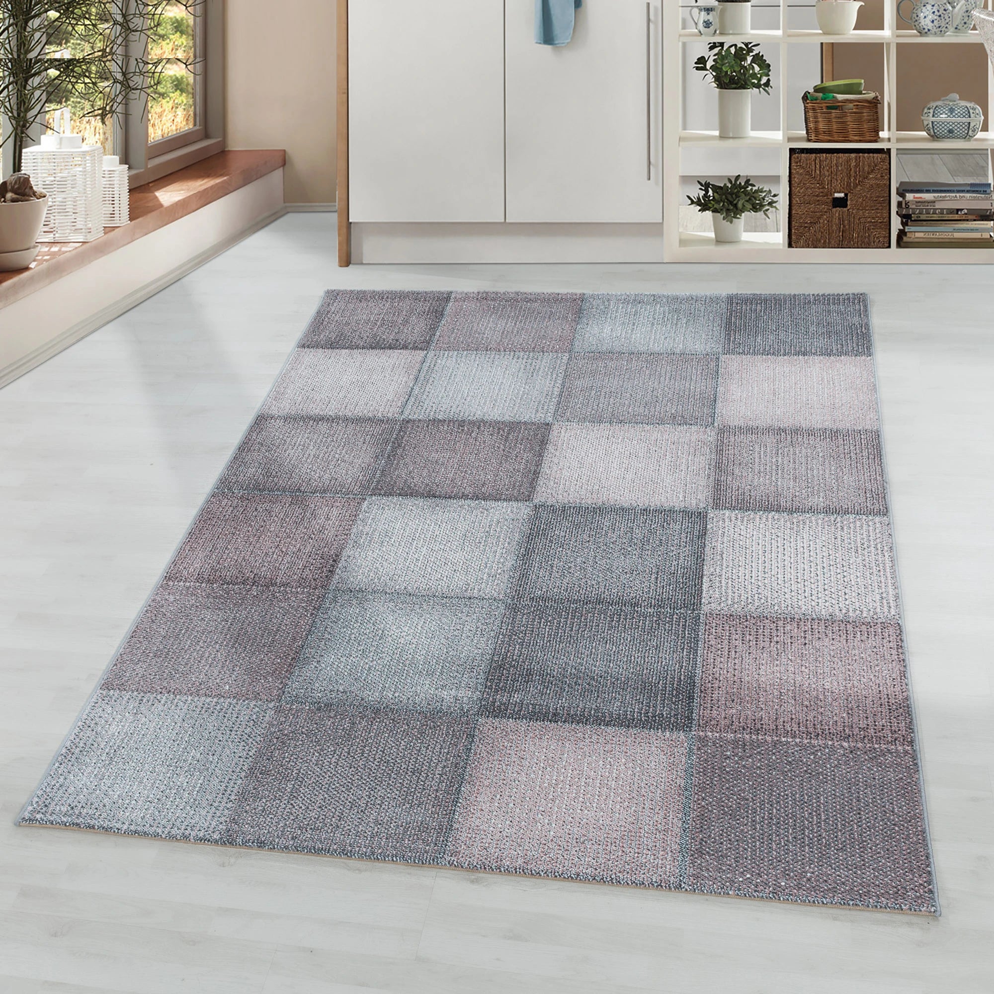 Checkerboard Neutral Decor Living Room Carpet | Pink