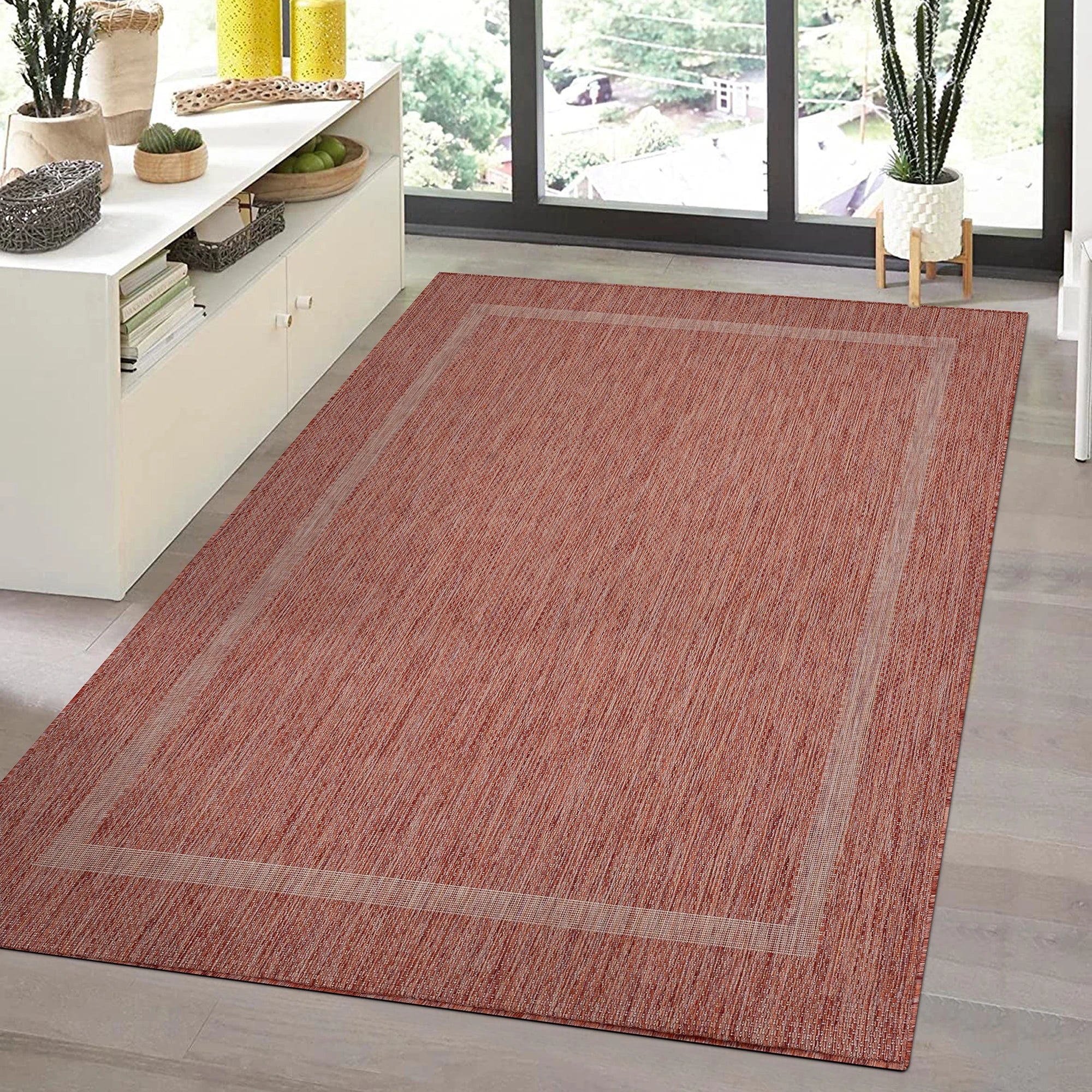Durable Red Patio Rug | Border Design