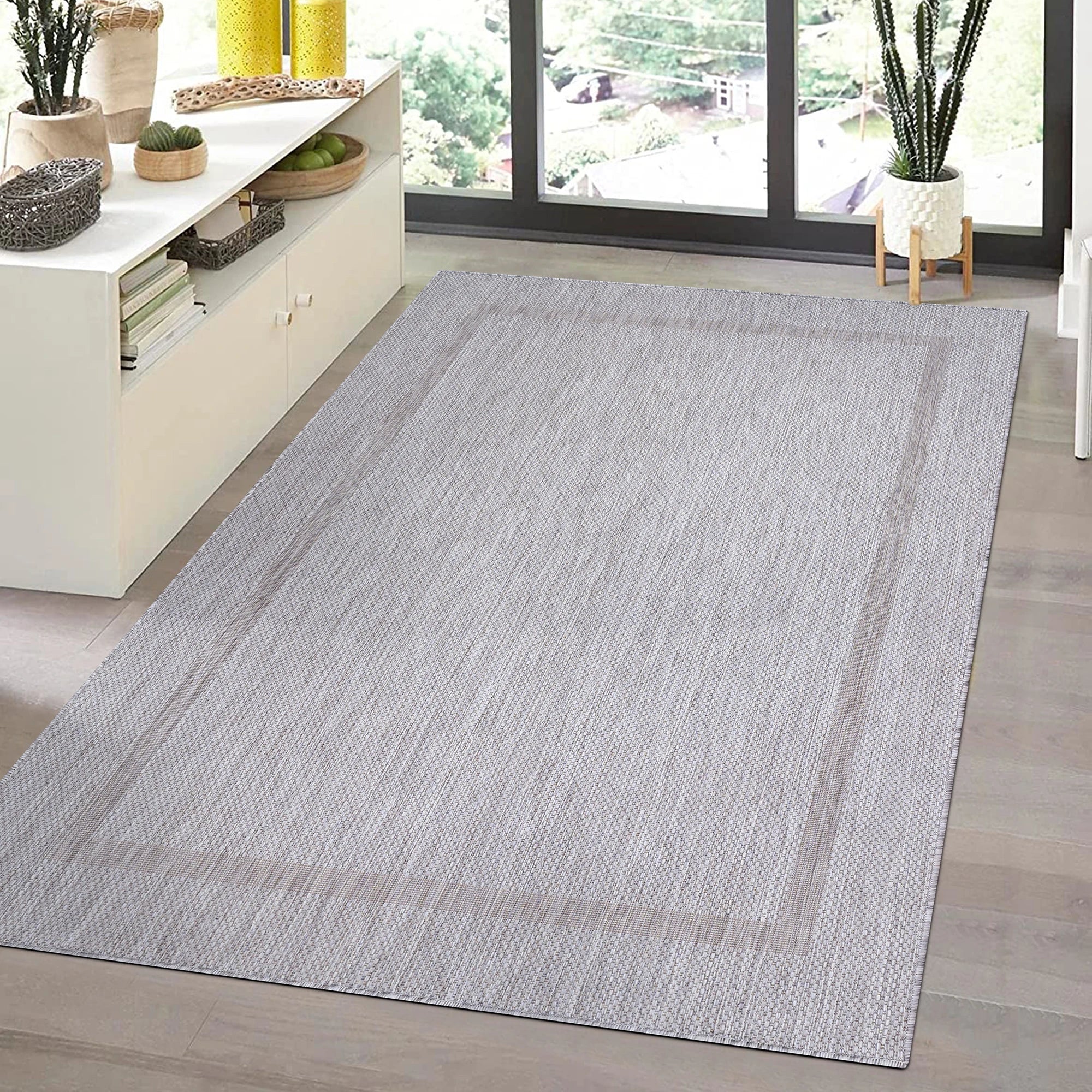 Durable Silver Patio Rug | Border Design