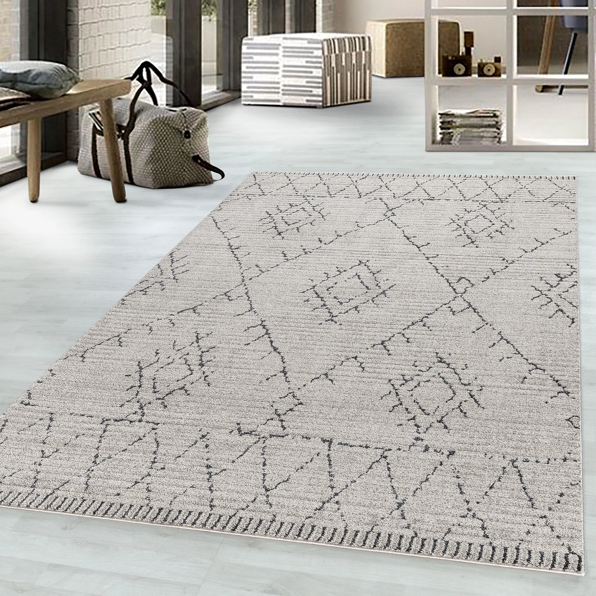 Boho Berber Style Geometric Lattice Rug | Beige