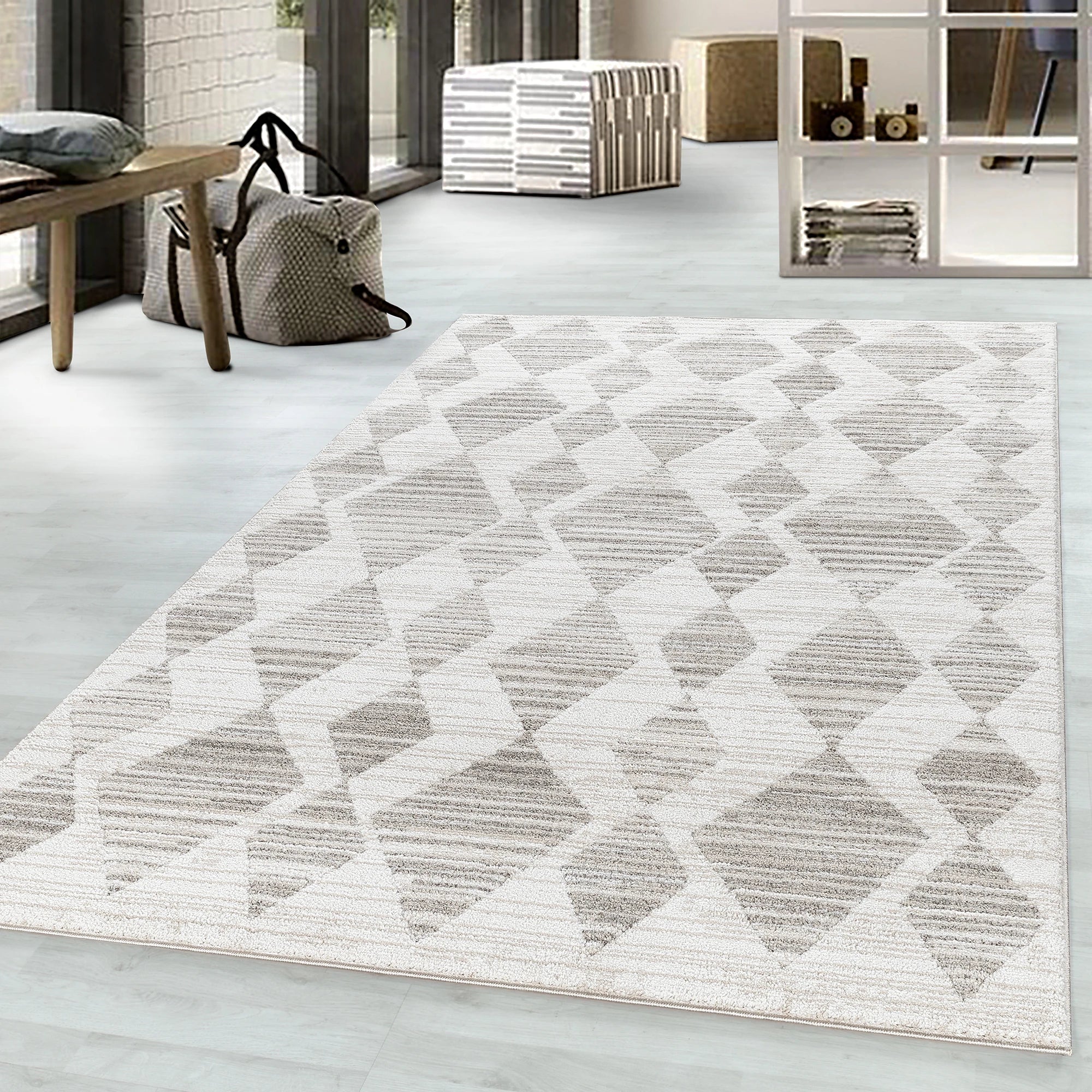 Geometric Abstract Textured Harlequin Rug | Cream