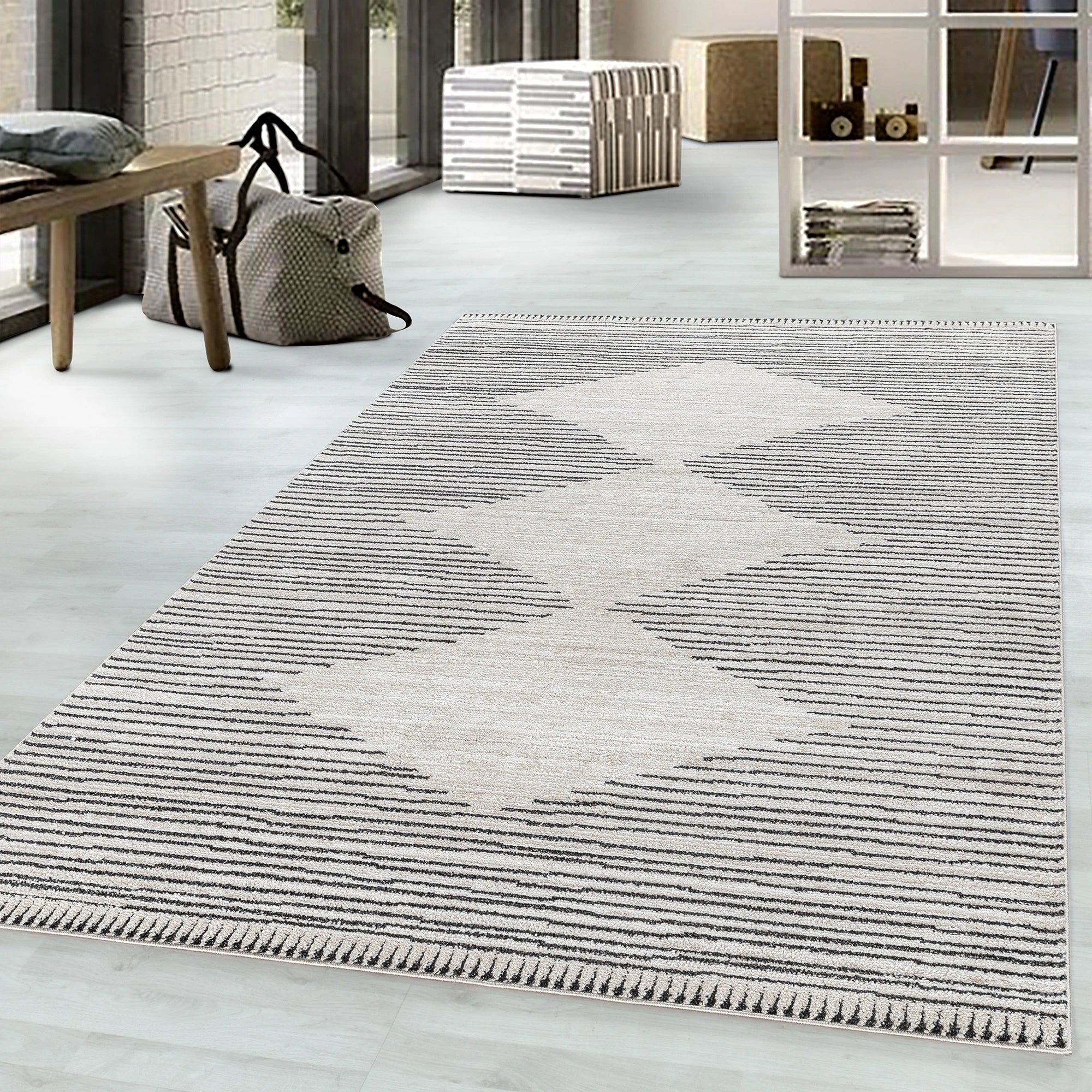 Geometric Reverse Pattern Horizontal Line Rug | Cream