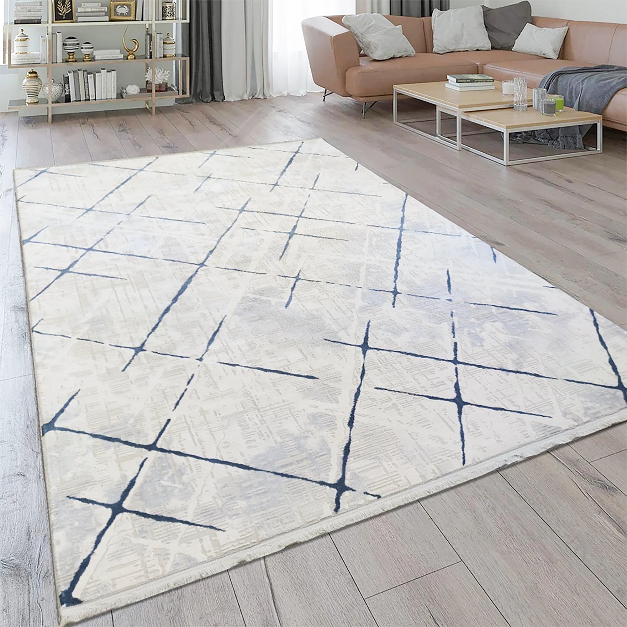 Modern Blue & White Crosshatch Abstract Rug
