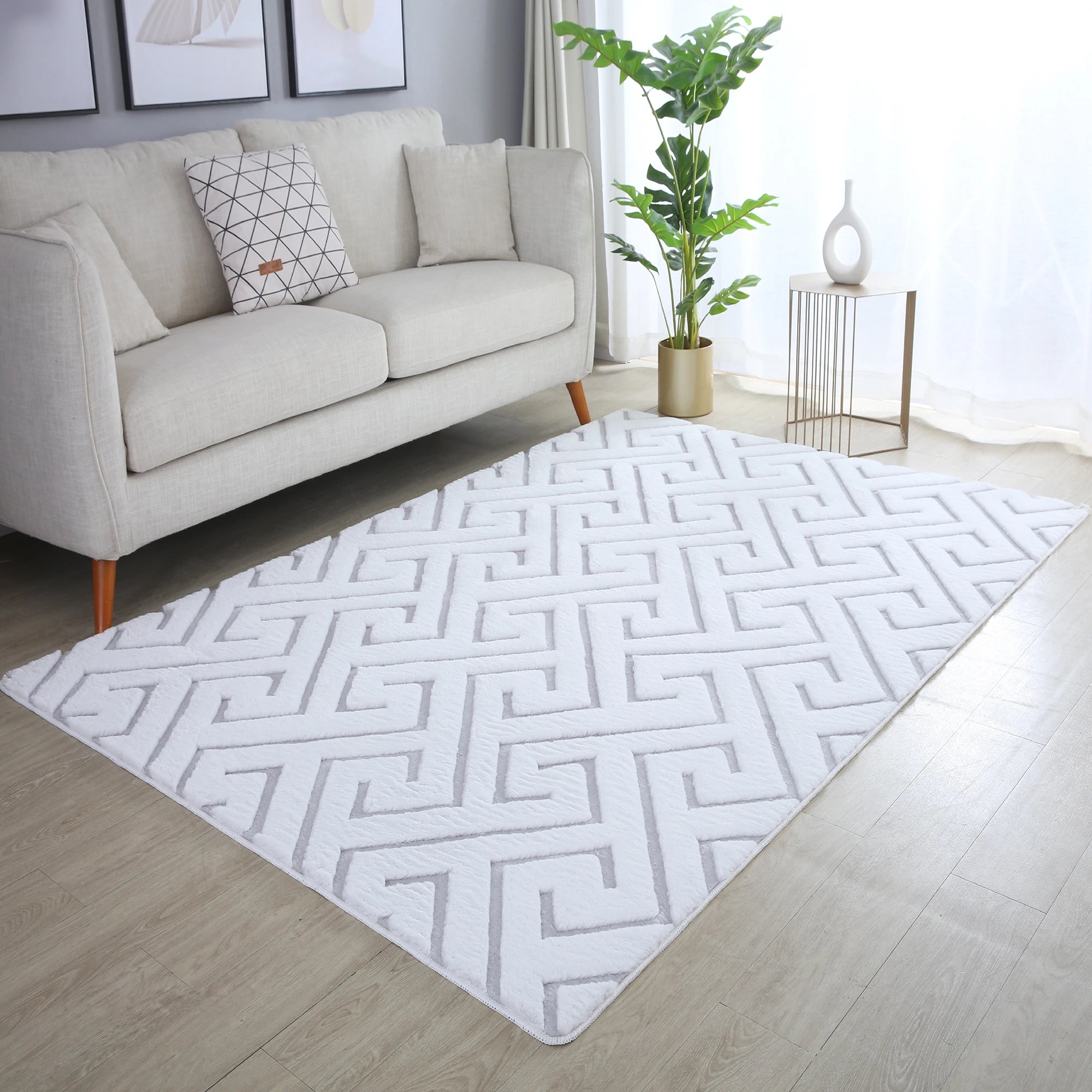 Scandinavian Fluffy Geometric Rug Silver