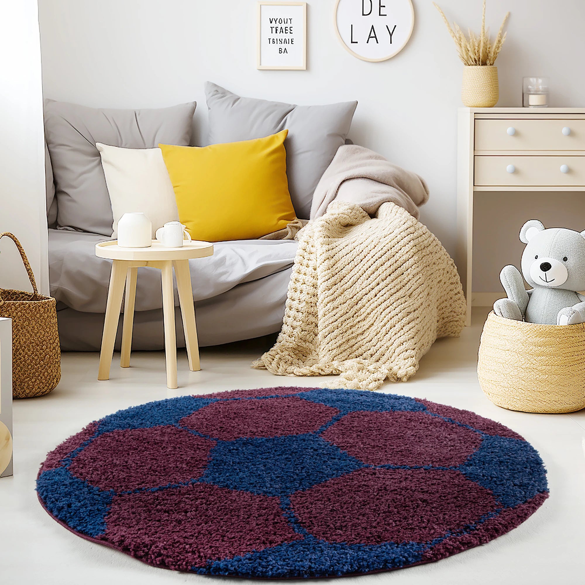 Round Football Shaggy Kids Rug | Navy