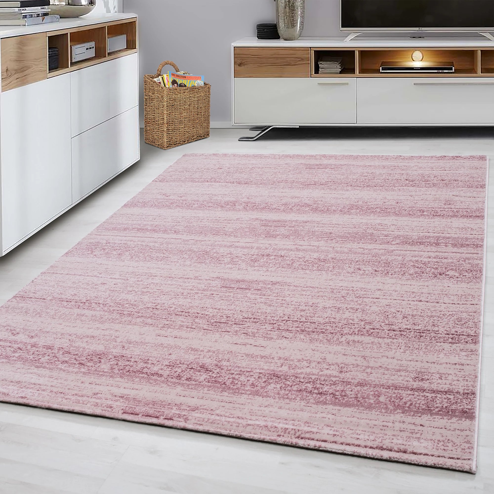 Modern Abstract Horizontal Stripe Area Rug | Pink