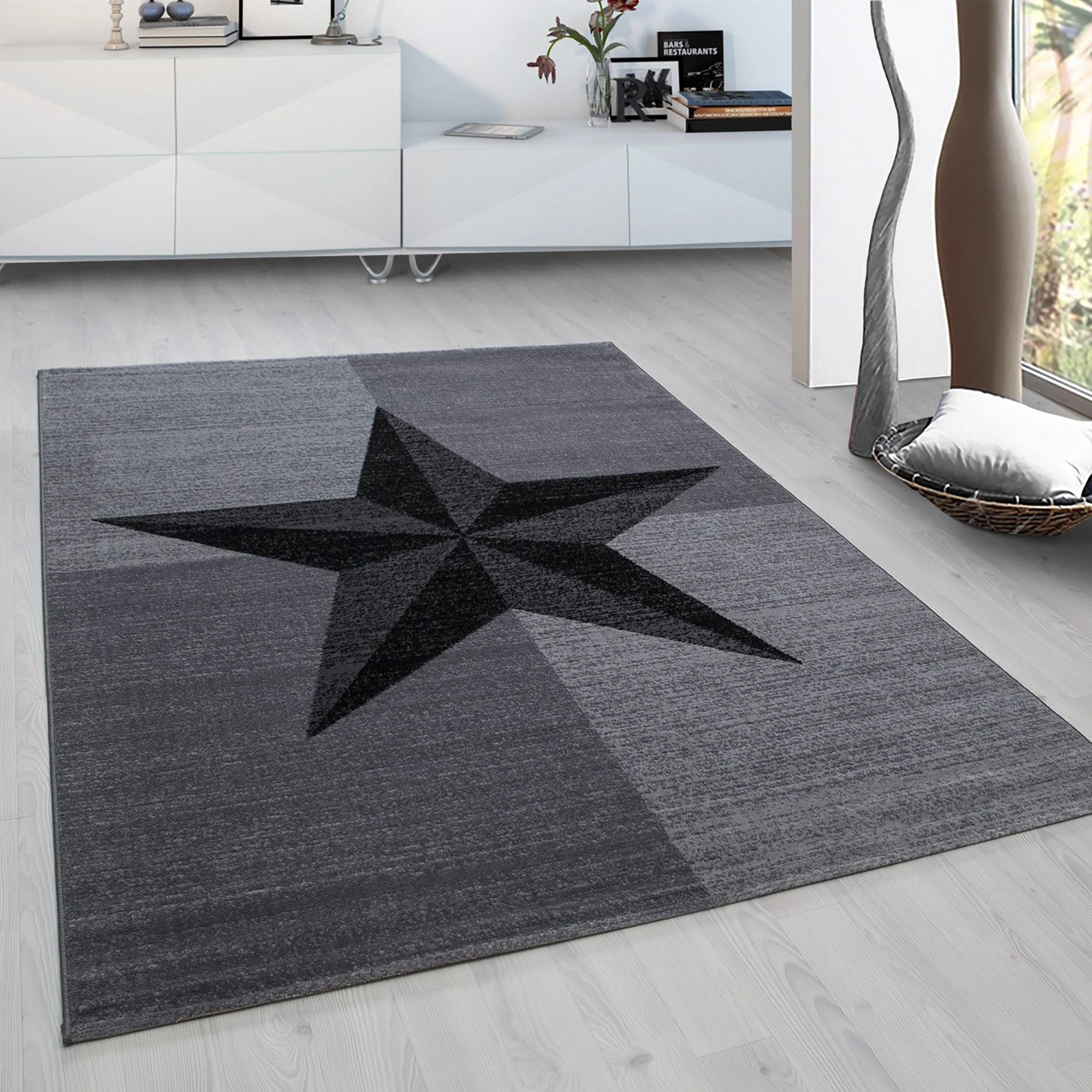 Modern Geometric Star Motif Area Rug | Gray