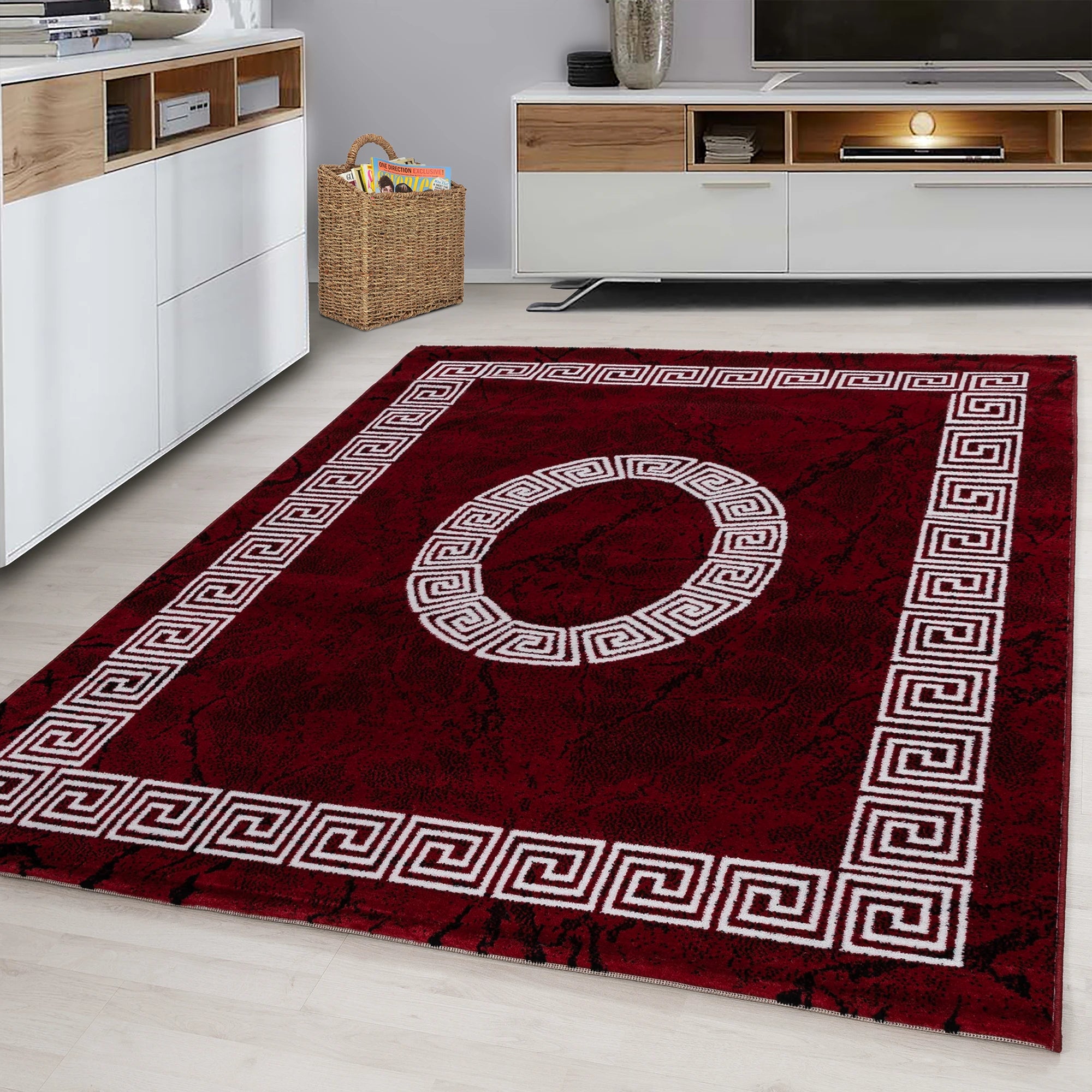 Modern Faux Marble Effect Border Carpet | Red