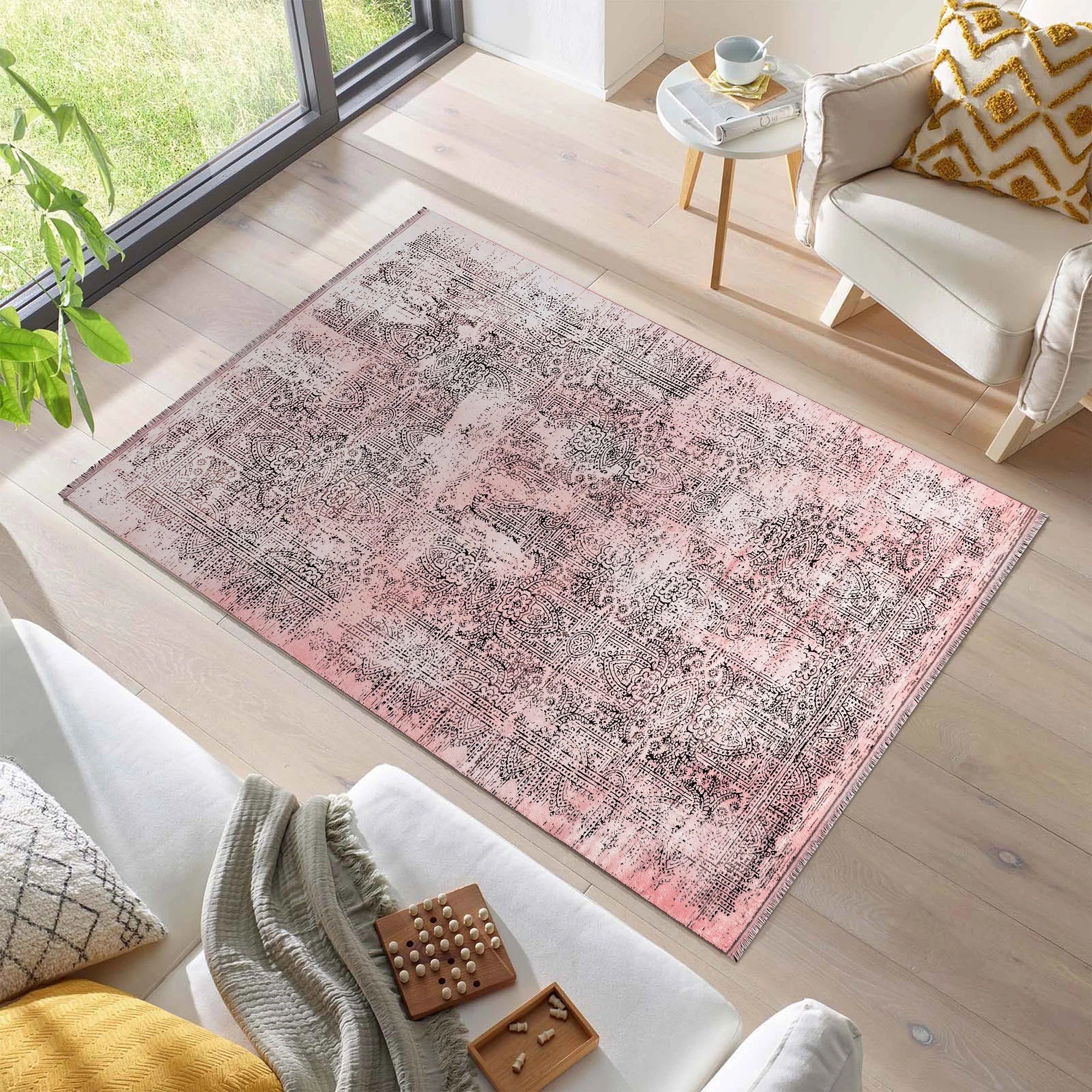 Vintage Look Abstract Oriental Style Rug | Pink