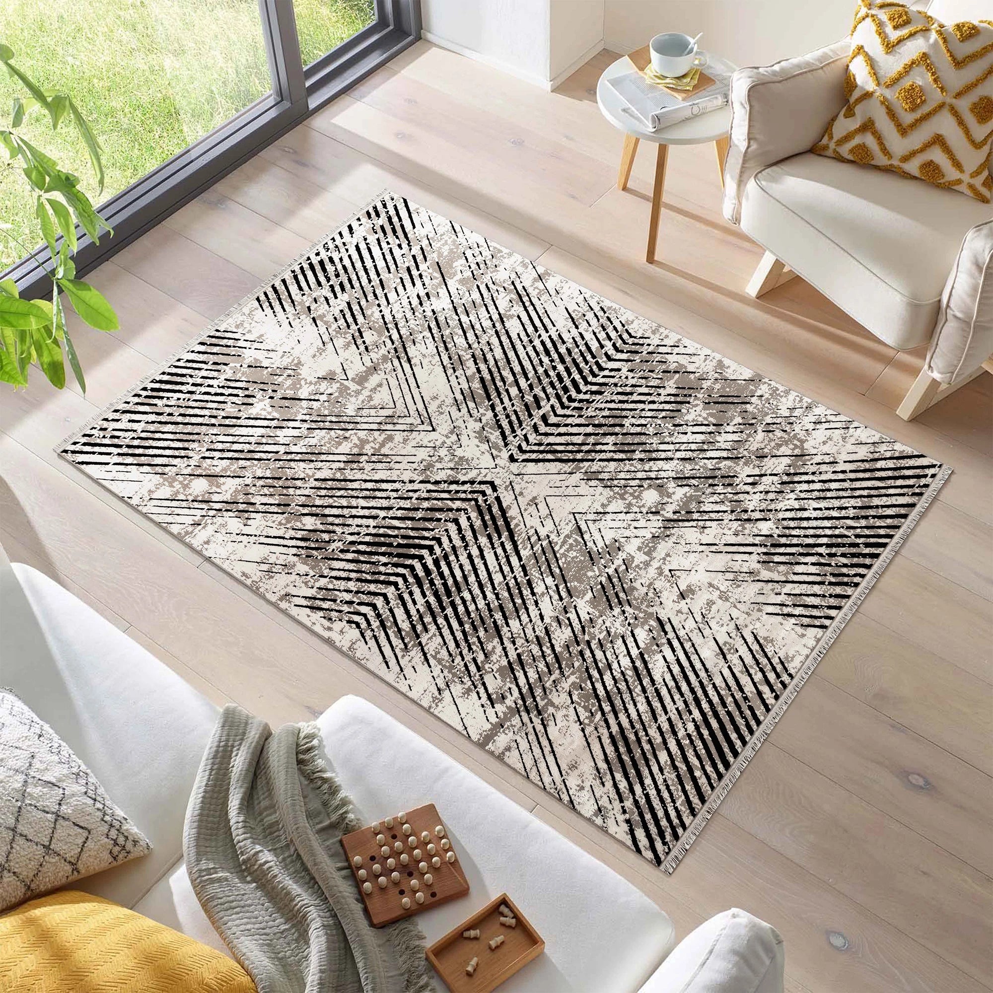 Abstract Overdyed Line Pattern Carpet | Beige