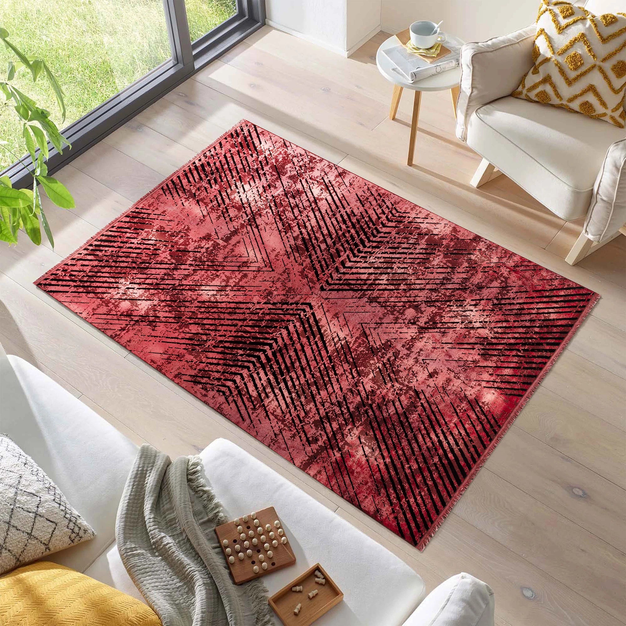 Abstract Overdyed Line Pattern Carpet | Red