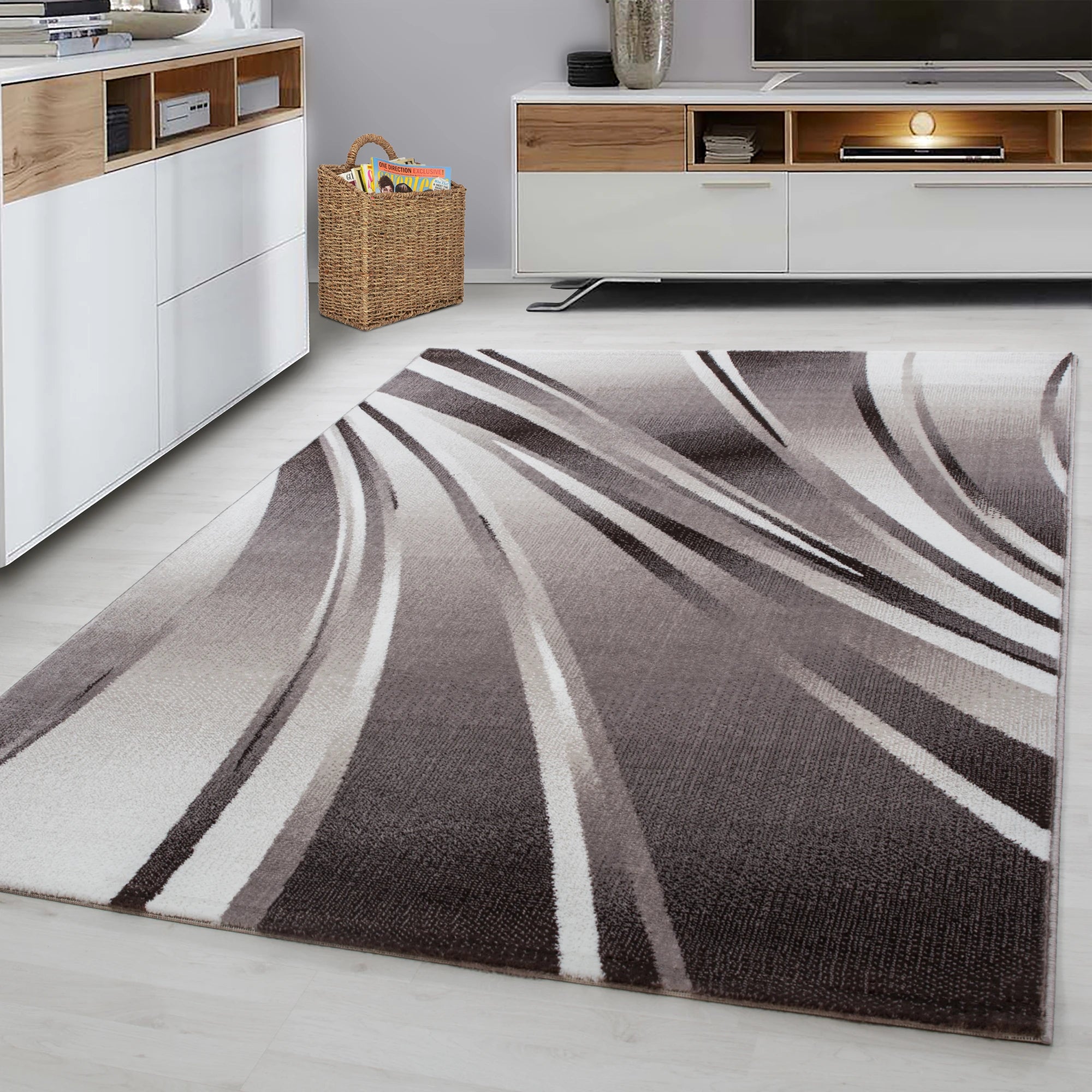 Modern Abstract Wavy Line Area Rug | Brown