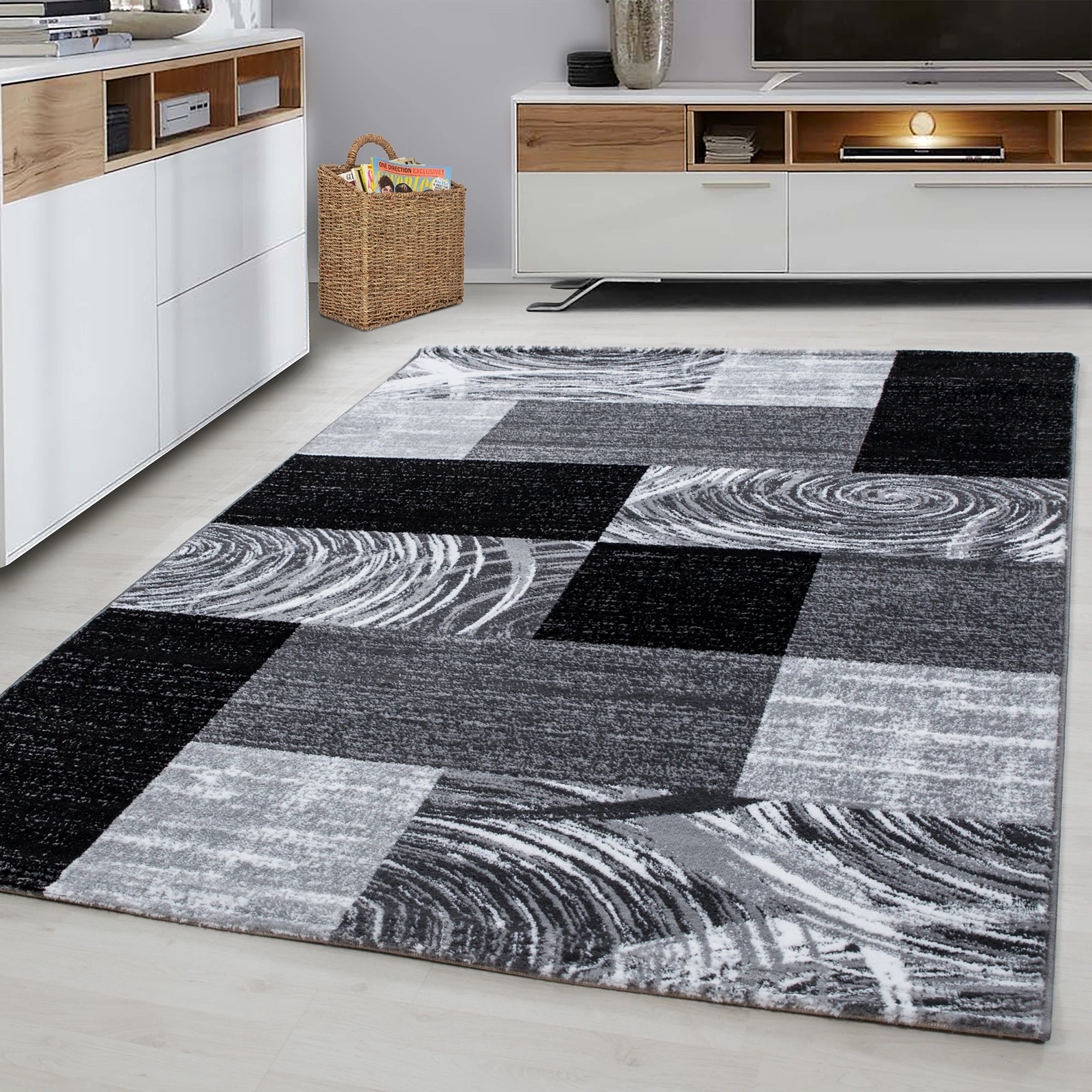 Swirl Pattern Colour Block Area Rug | Black