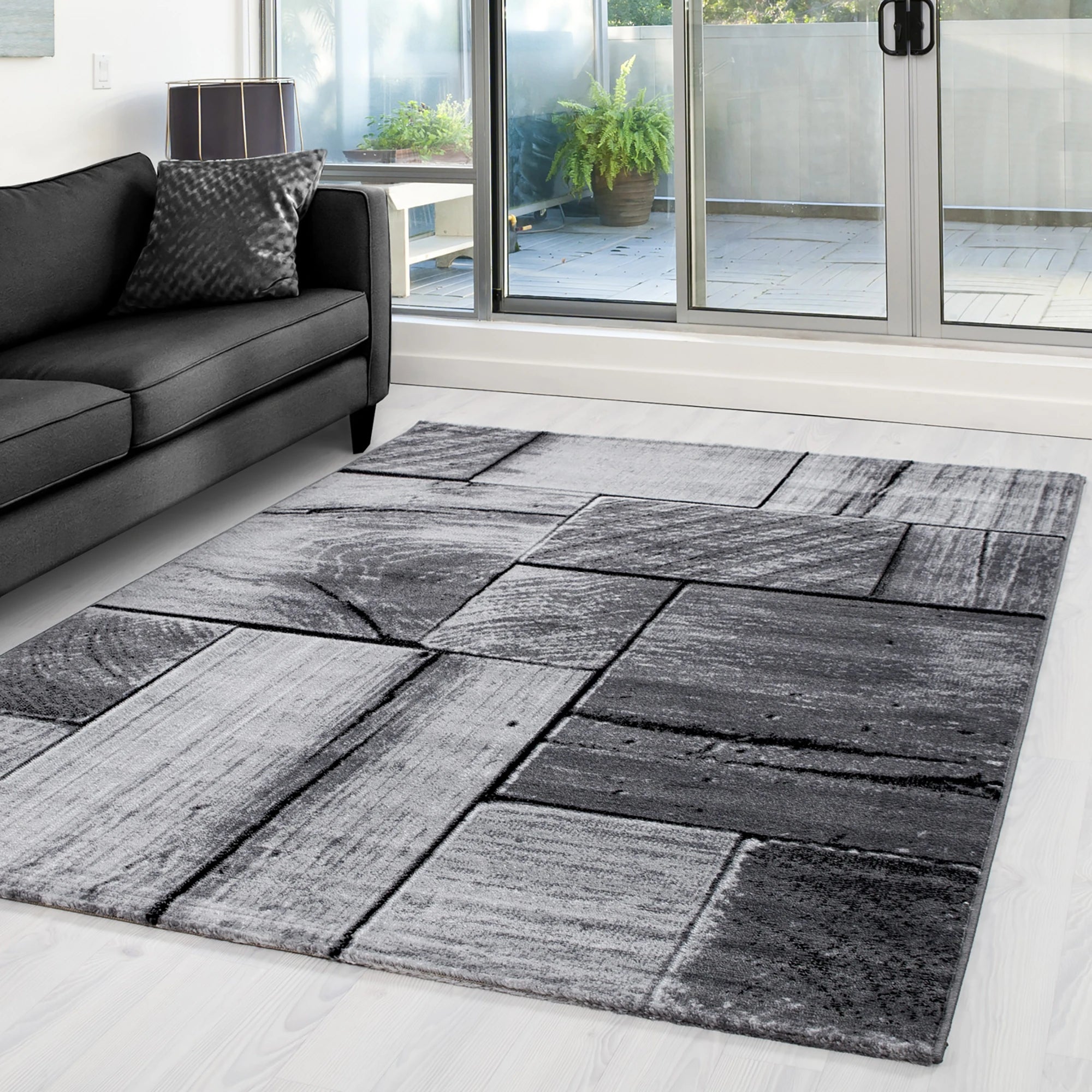 Modern Abstract Wood Block Design | Black Rug