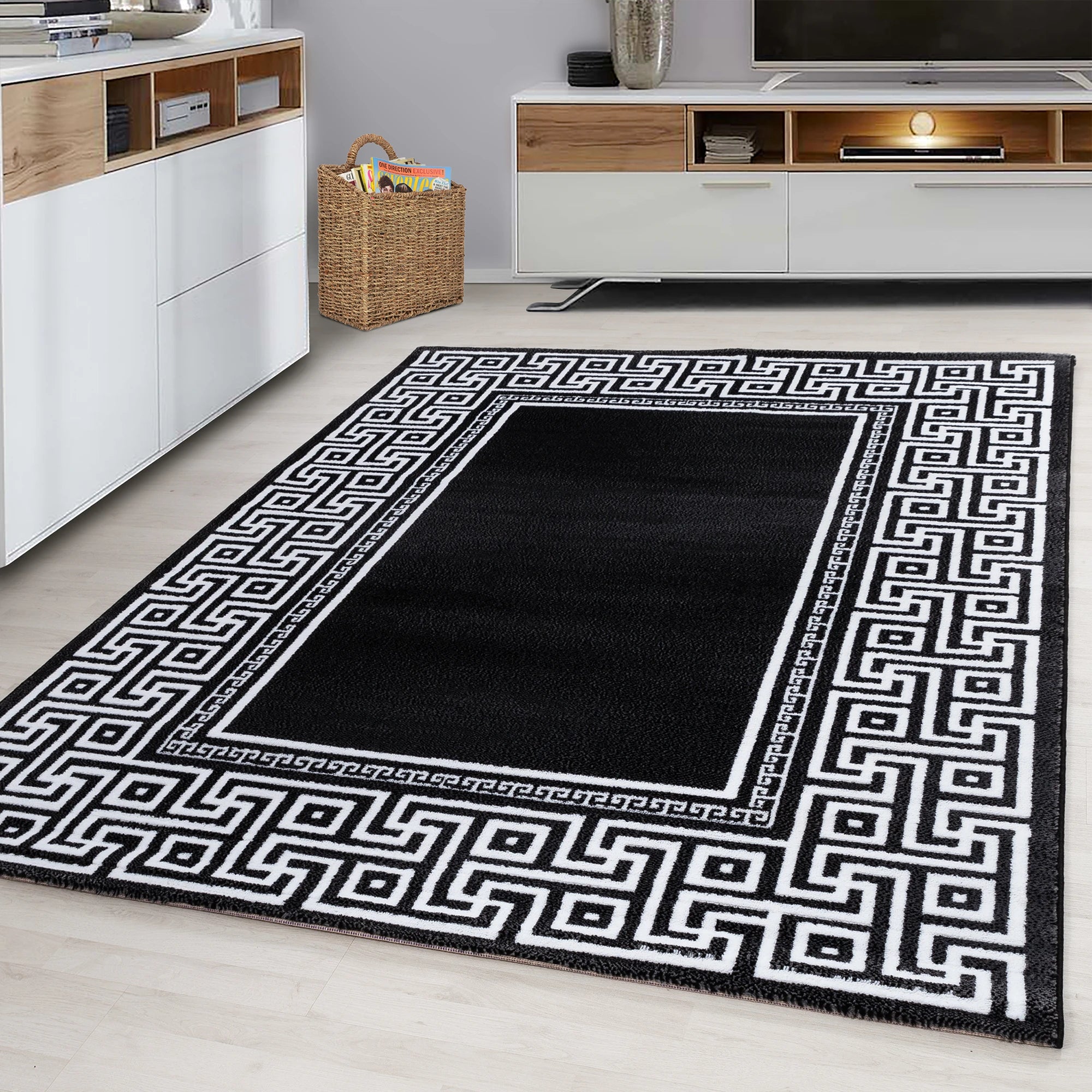 Modern Meander Border Area Rug | Black