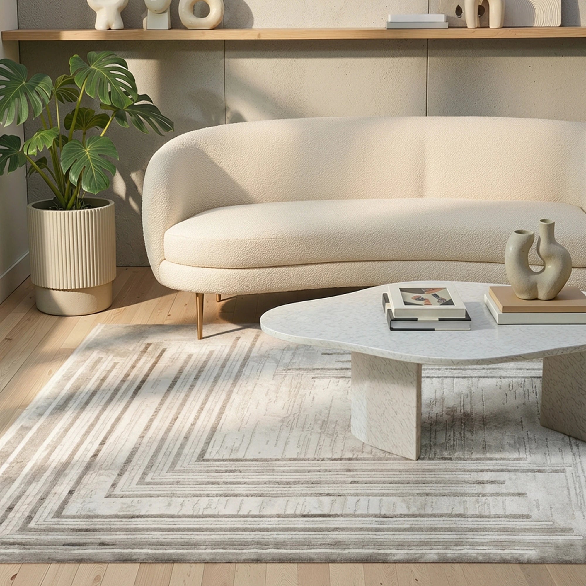 Concentric Lines Border Modern Rug | Brown