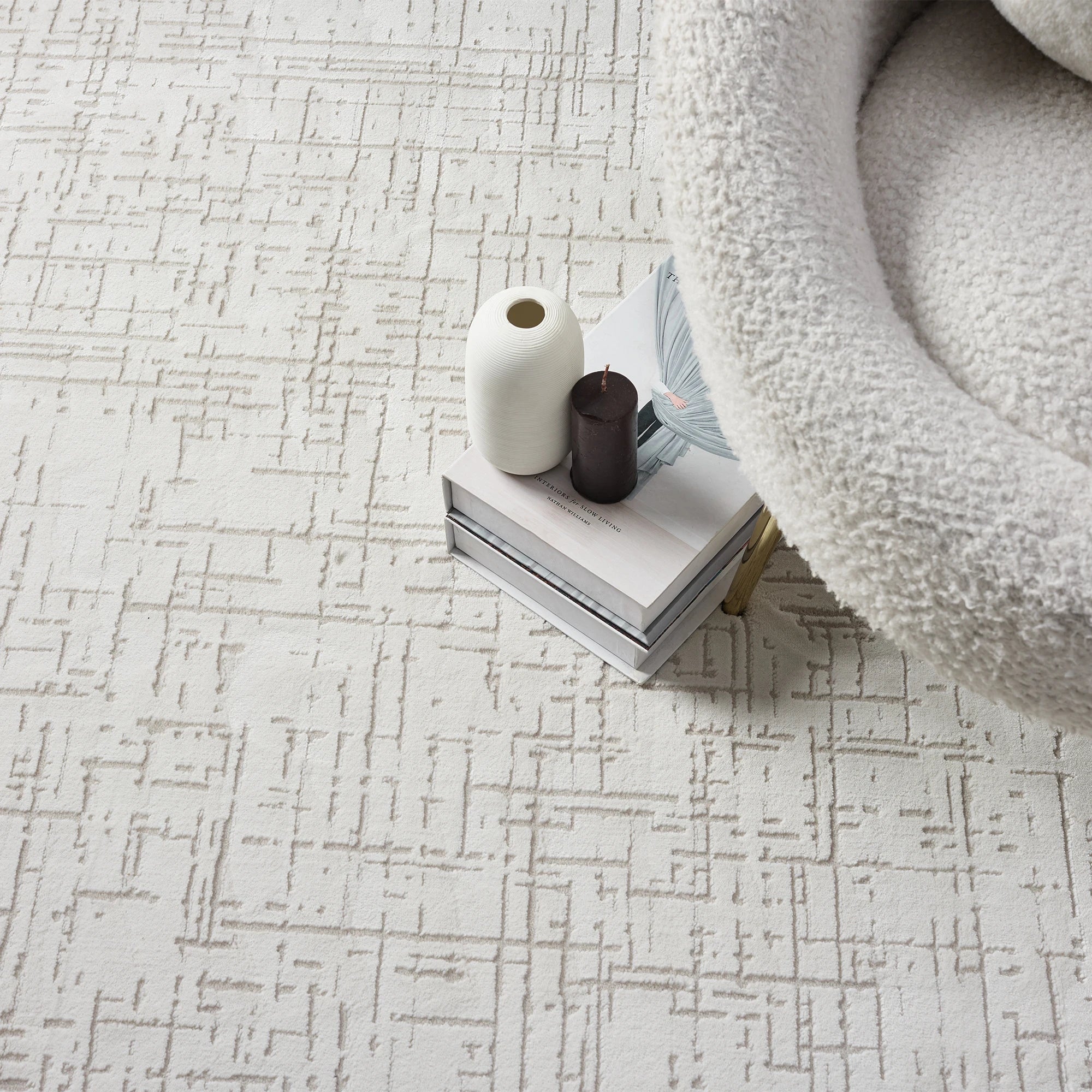 Modern Whisper Grid Abstract Textured Rug | White