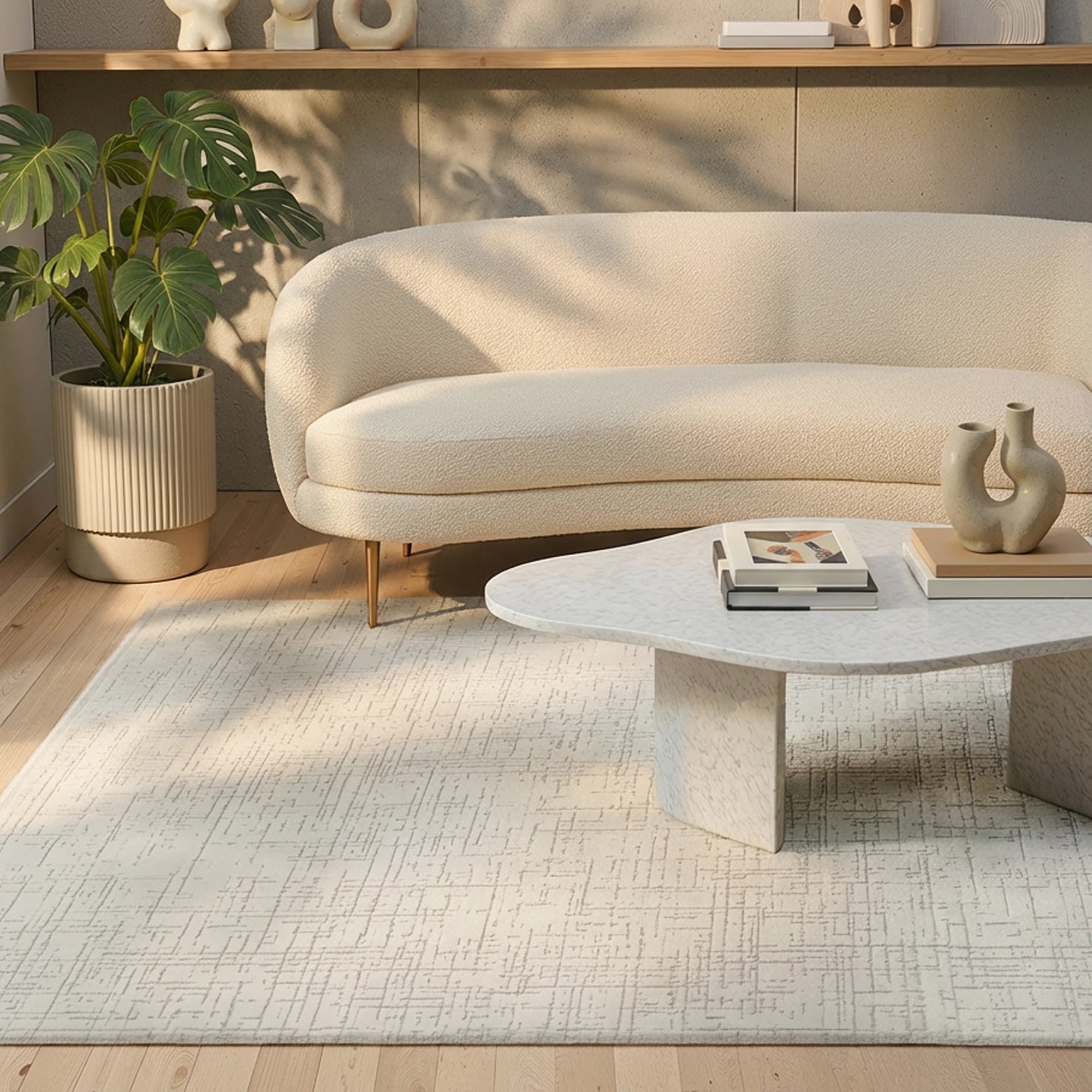 Modern Whisper Grid Abstract Textured Rug | White