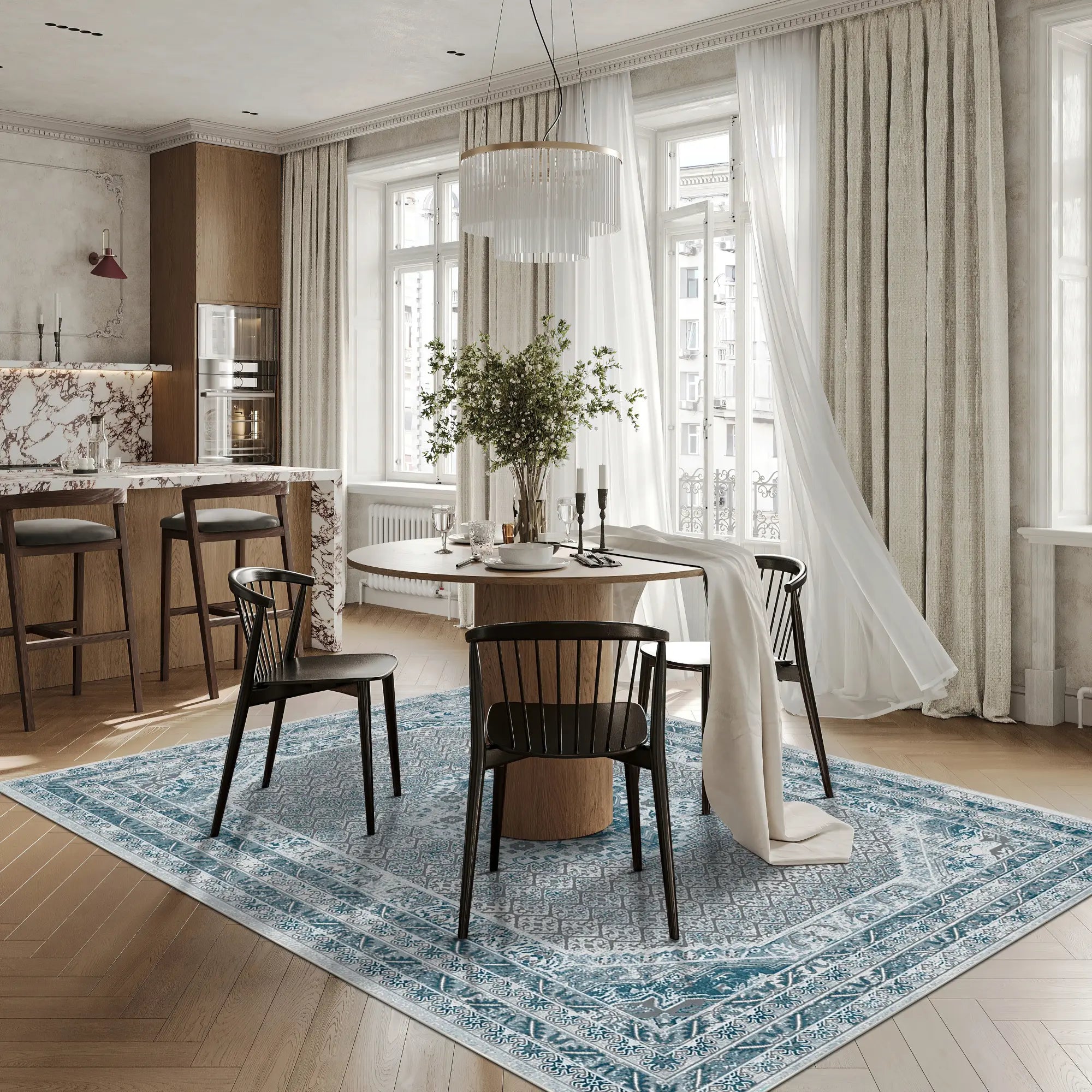 Tappeto Vintage con Medaglione Blu
