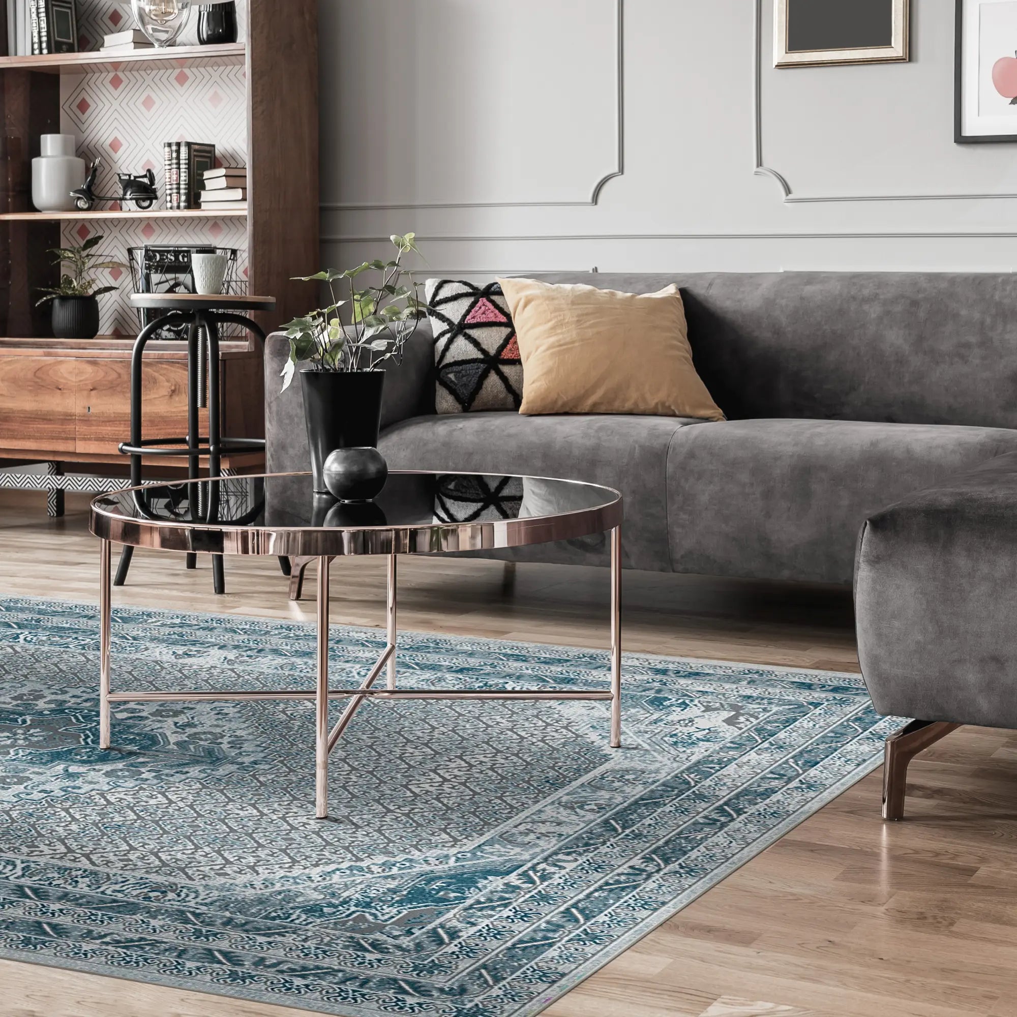 Tappeto Vintage con Medaglione Blu