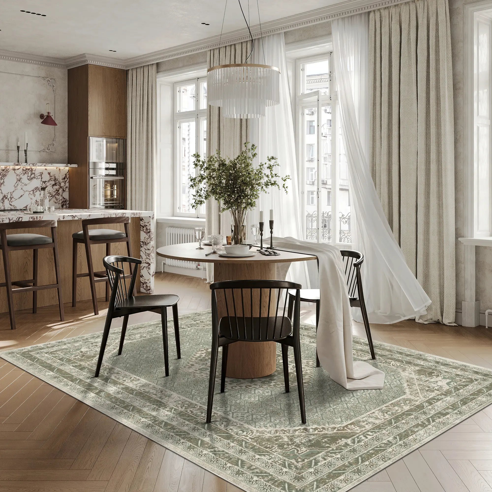 Tappeto Vintage con Medaglione Verde