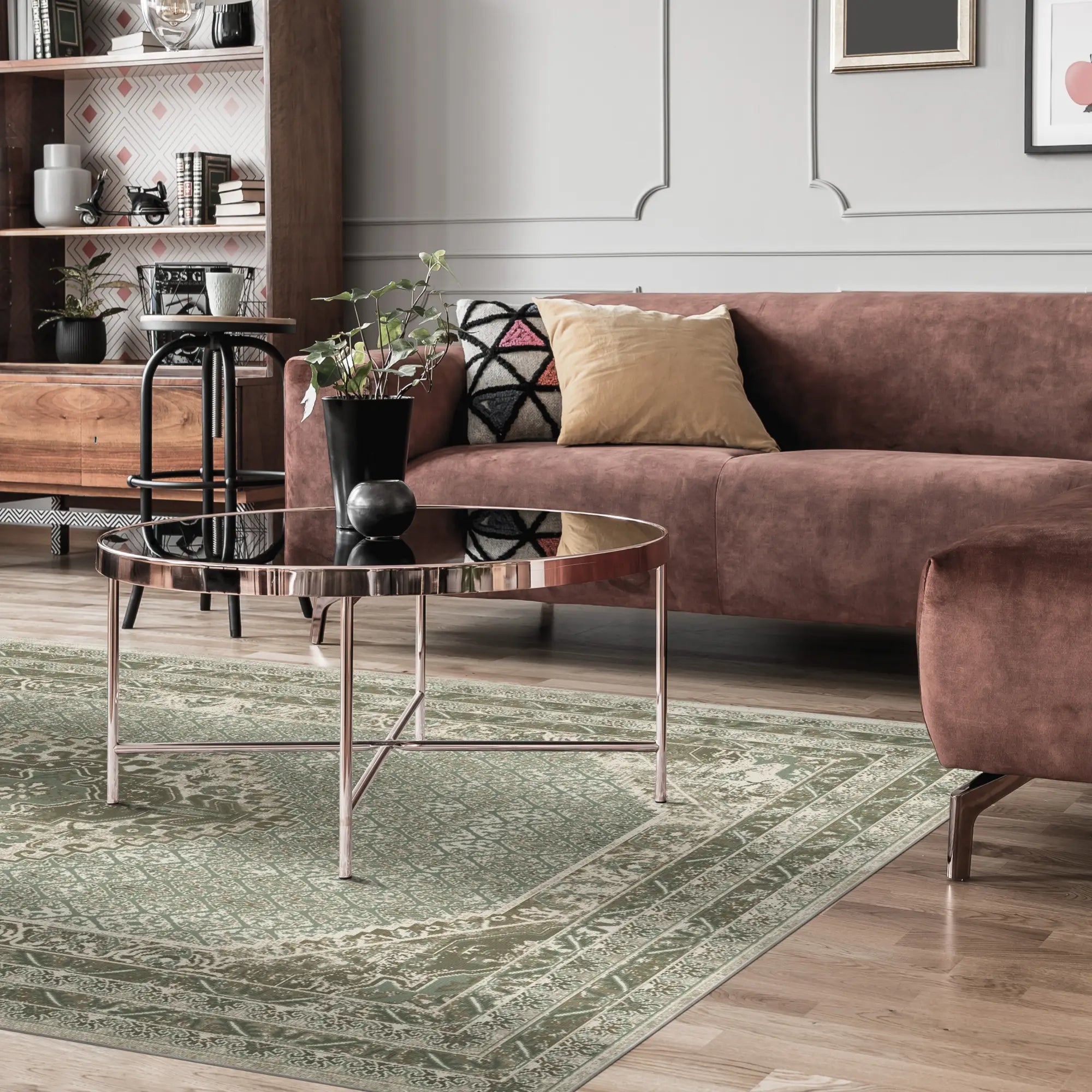 Tappeto Vintage con Medaglione Verde