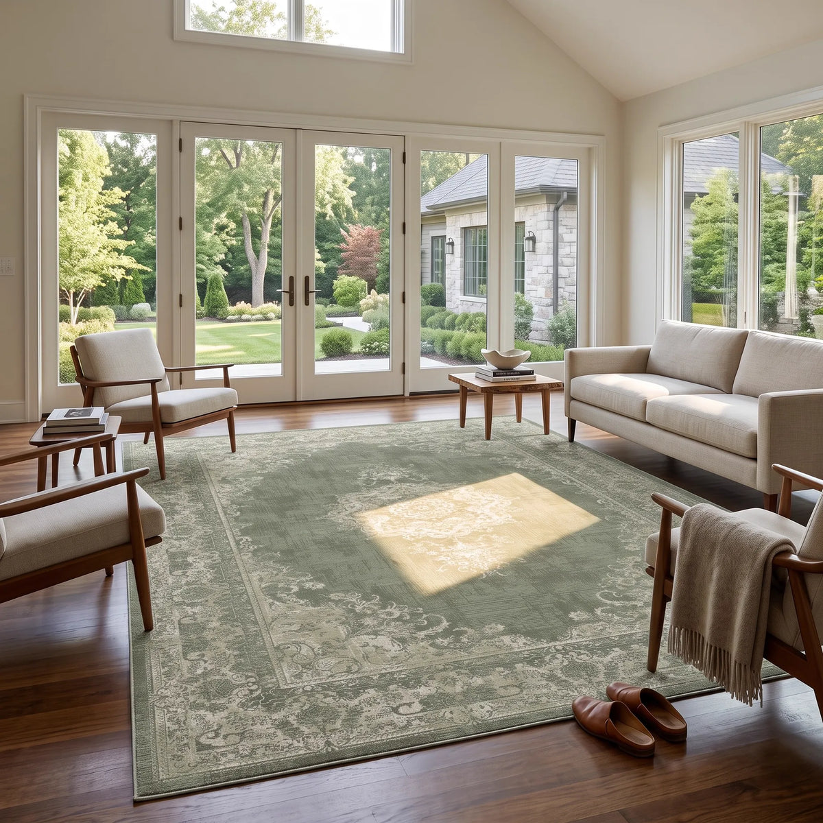 Un grande tappeto rettangolare nei toni tenui del verde salvia e del crema, con un bordo floreale tradizionale, mostrato in un soggiorno luminoso e moderno con pavimenti in legno, divani beige e grandi finestre che si affacciano su un giardino.