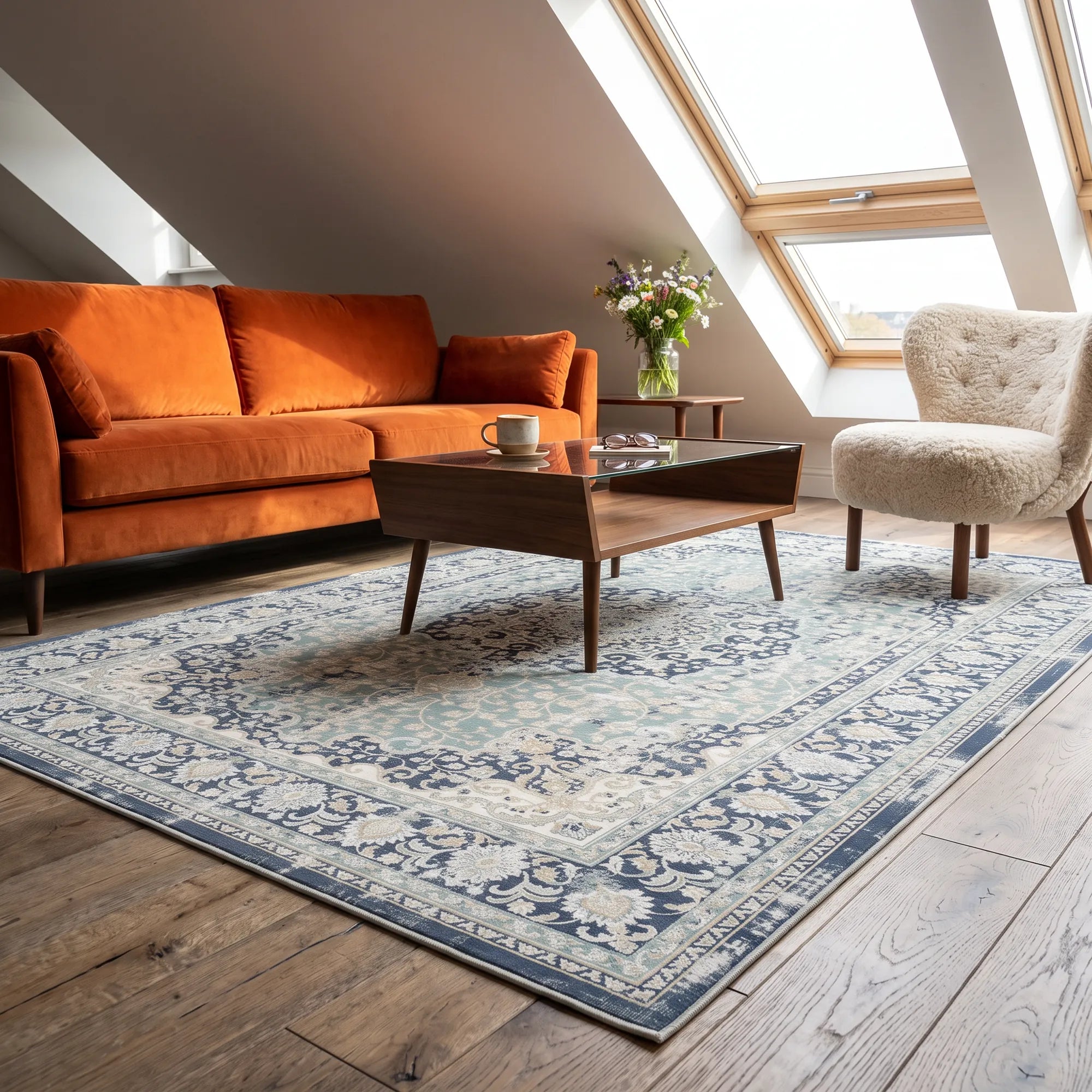 A styled living room scene featuring a large traditional-style area rug with a blue and cream floral pattern on a dark wood floor, alongside an orange sofa, a wooden coffee table, and a cream bouclé armchair under a slanted attic window.