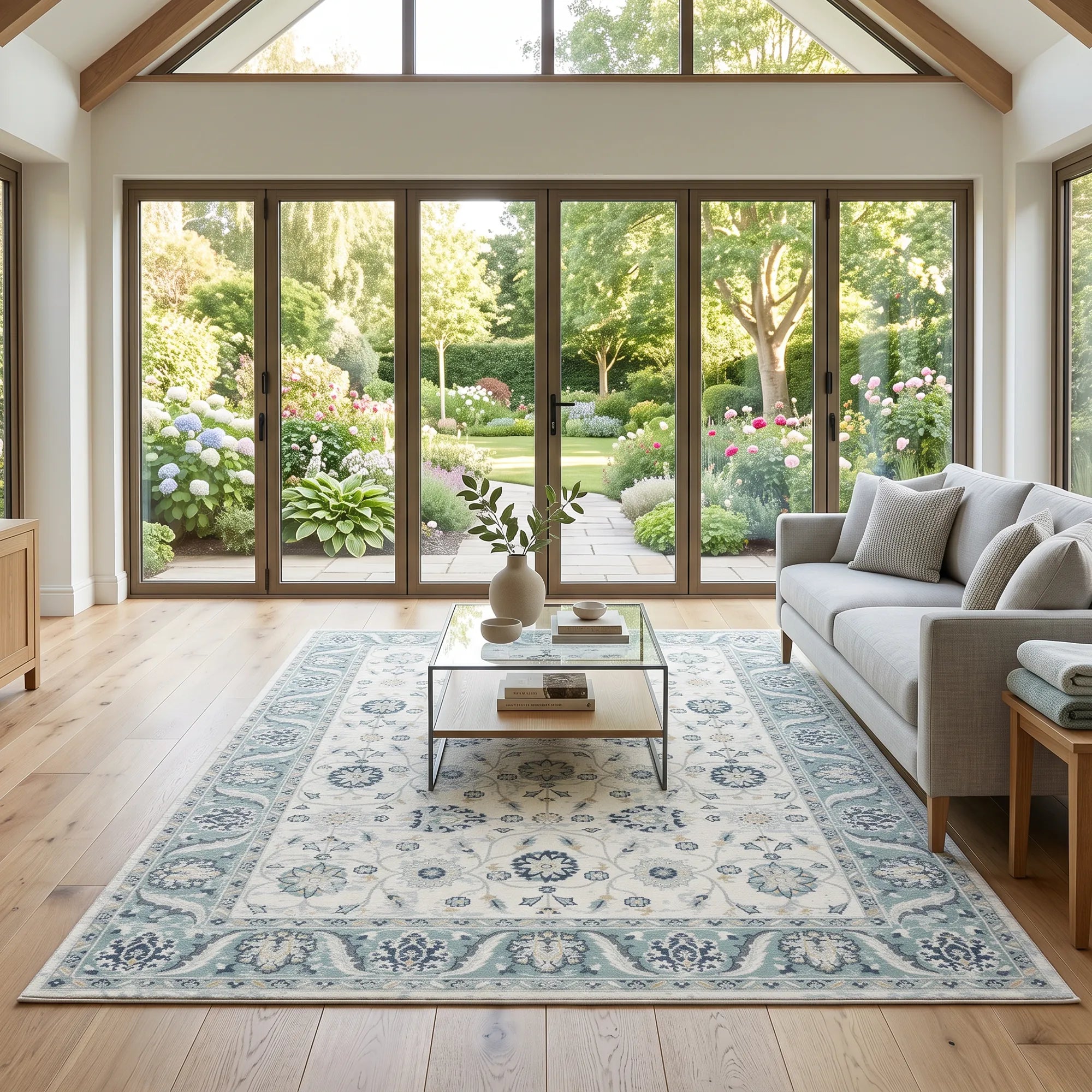 A large traditional-style area rug with a blue and cream floral pattern is styled in a bright, modern living room with a light gray sofa, glass coffee table, and large floor-to-ceiling windows overlooking a lush green garden.