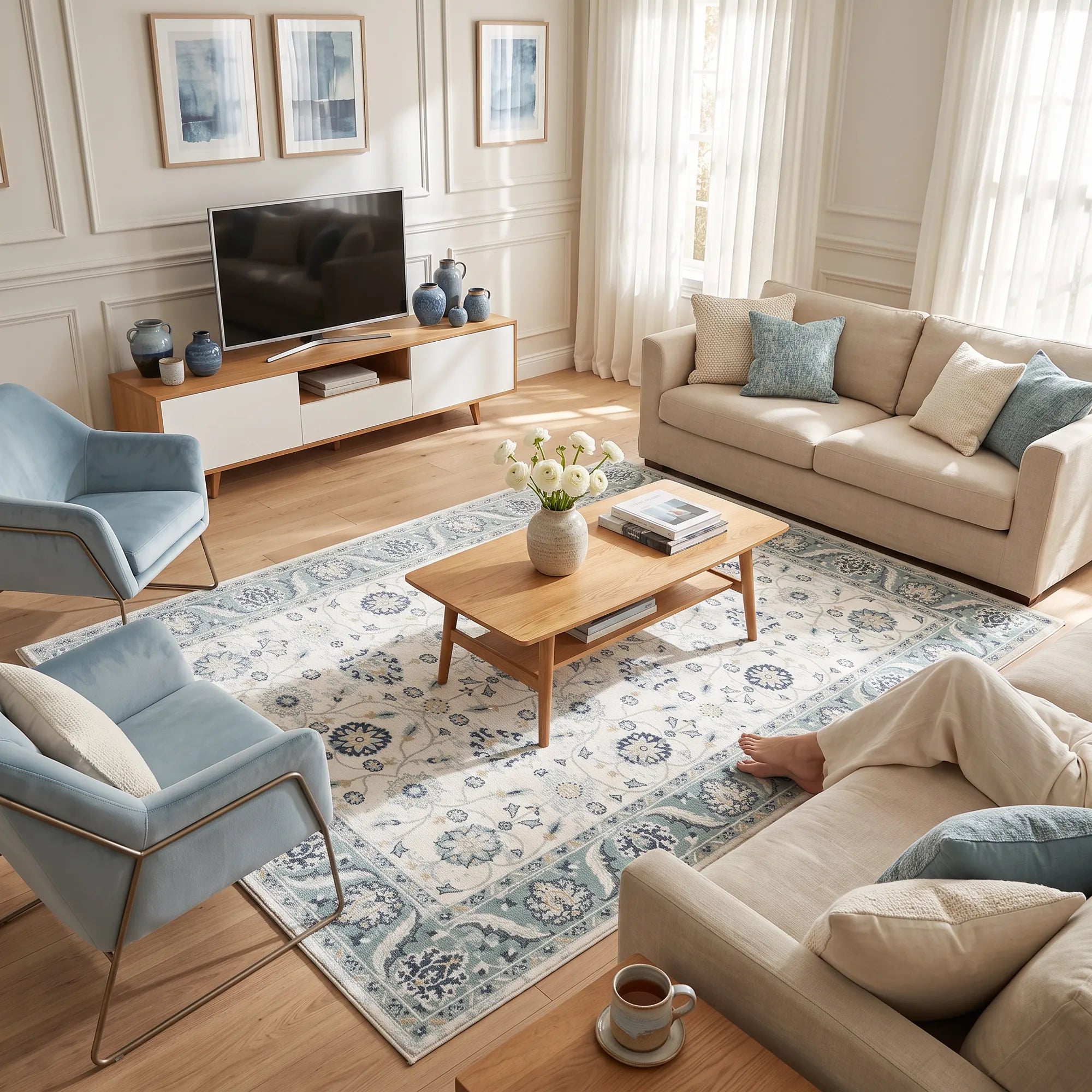 A styled living room with a large rectangular area rug featuring a blue and cream traditional floral pattern, surrounded by a beige sofa, two light blue velvet armchairs, a wooden coffee table, and a TV stand.