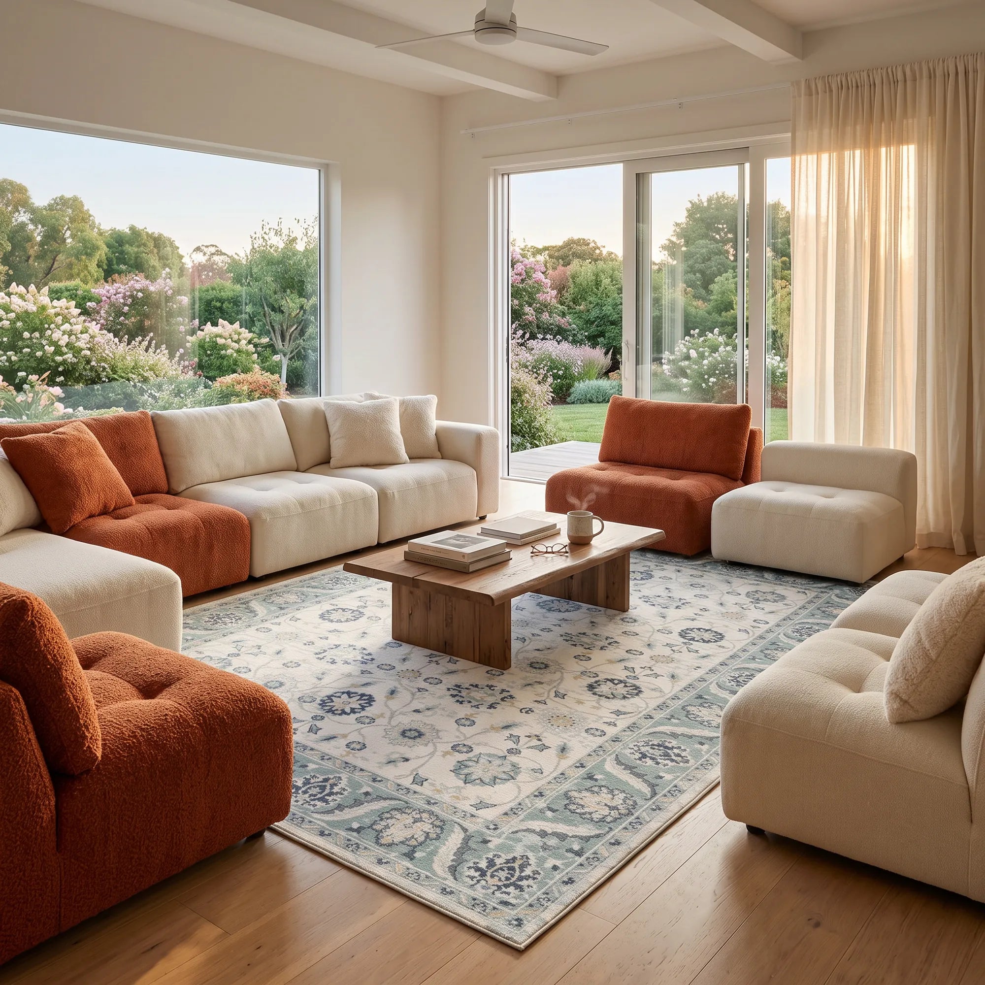 A modern living room with cream and rust-orange sectional sofas arranged around a wooden coffee table on a blue patterned area rug, with large windows showing a garden view.