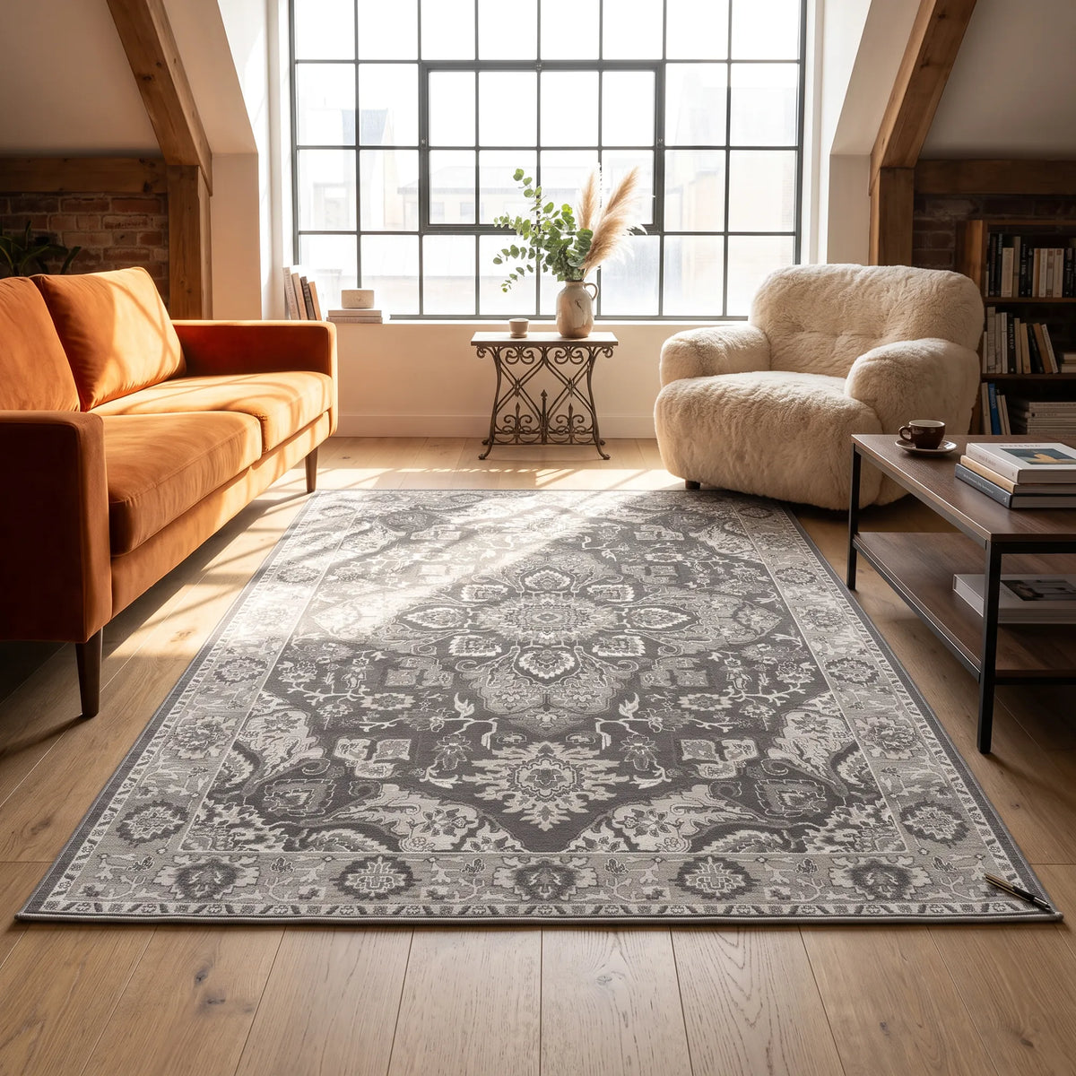 Un grande tappeto rettangolare con un intricato motivo tradizionale a medaglione nei toni del grigio e del bianco panna, inserito in un soggiorno luminoso e moderno con pavimento in legno, un divano arancione e una poltrona color crema.