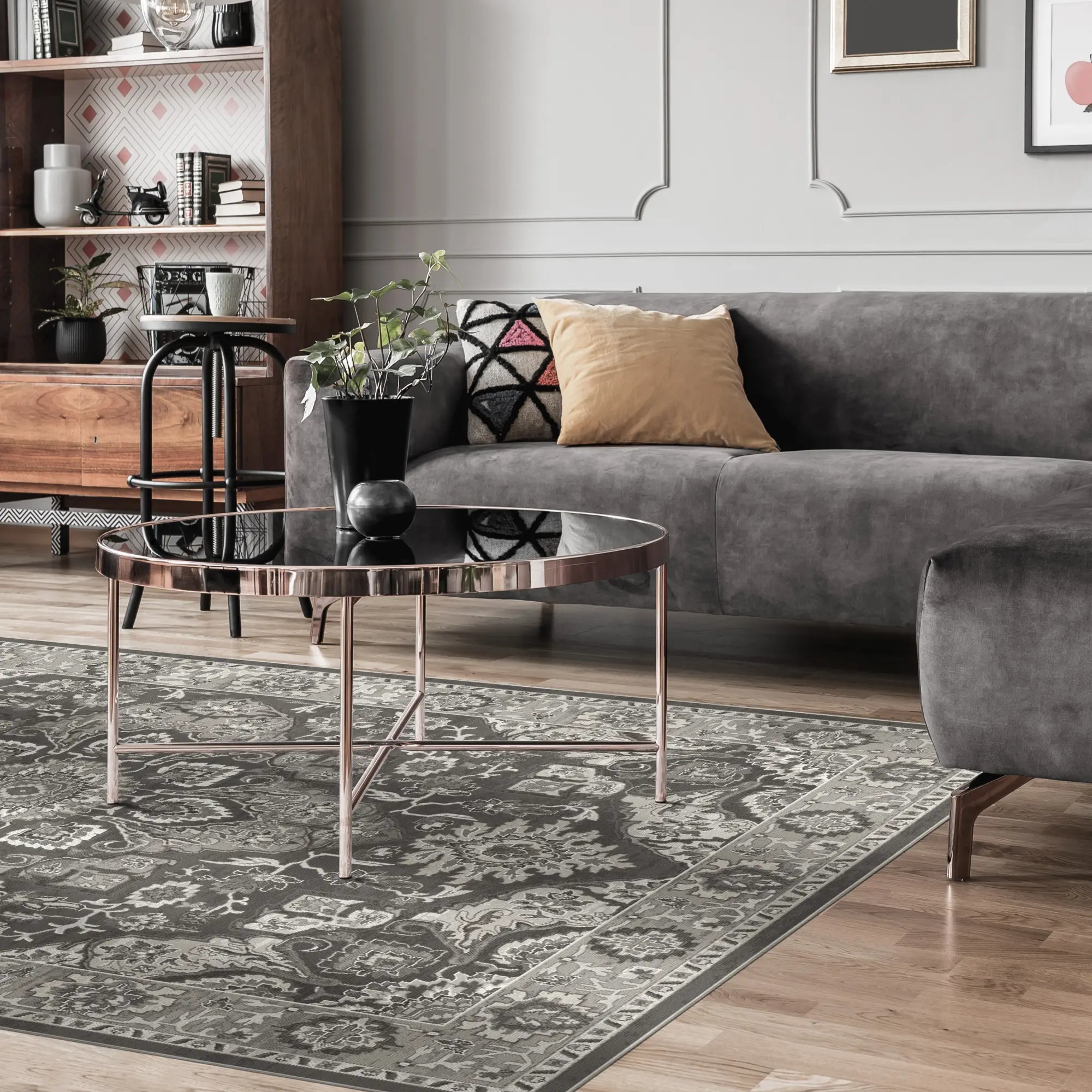 Tappeto Regency Medaglione Ornato Grigio Carbone