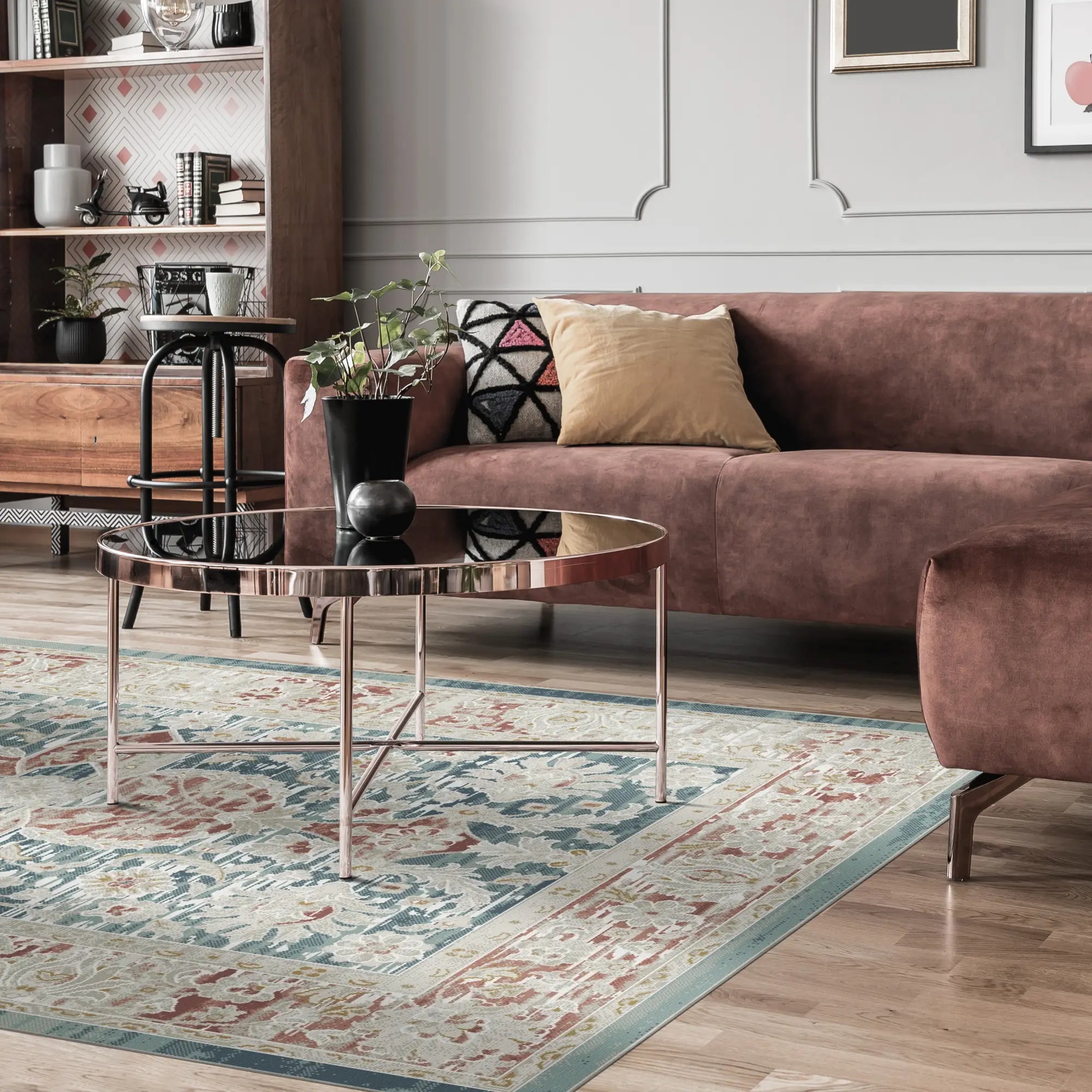 Tappeto Ancestral Floreale Invecchiato Blu