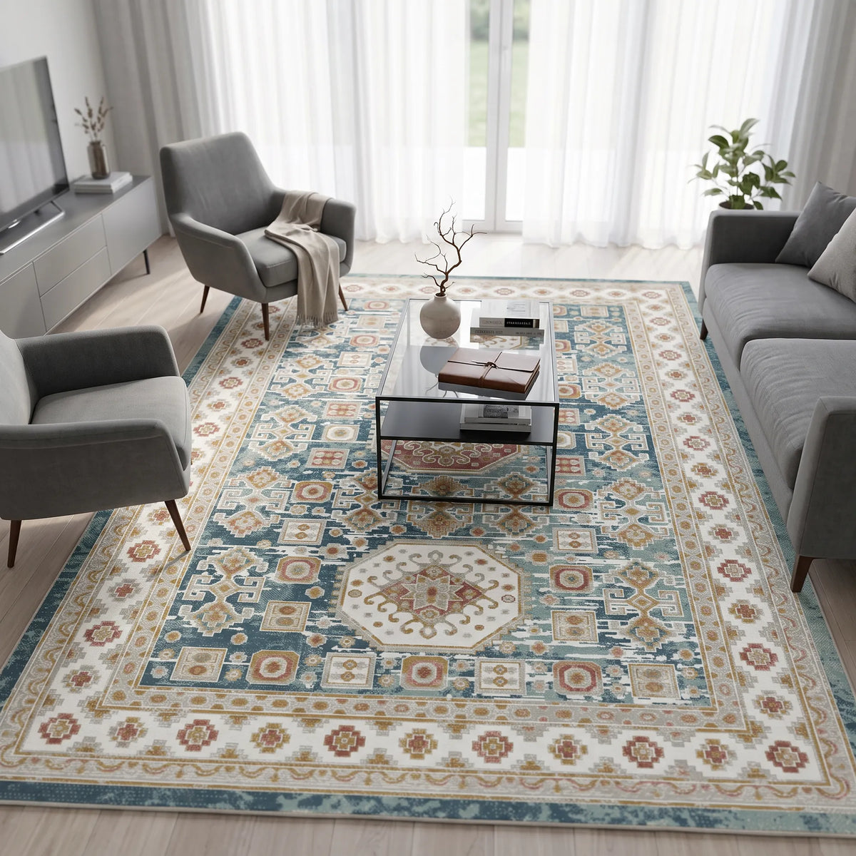 Un grande tappeto da area in stile tradizionale, con un motivo blu, beige e color crema, è mostrato in un salotto moderno con poltrone grigie, un tavolino da caffè in vetro e tende bianche trasparenti.