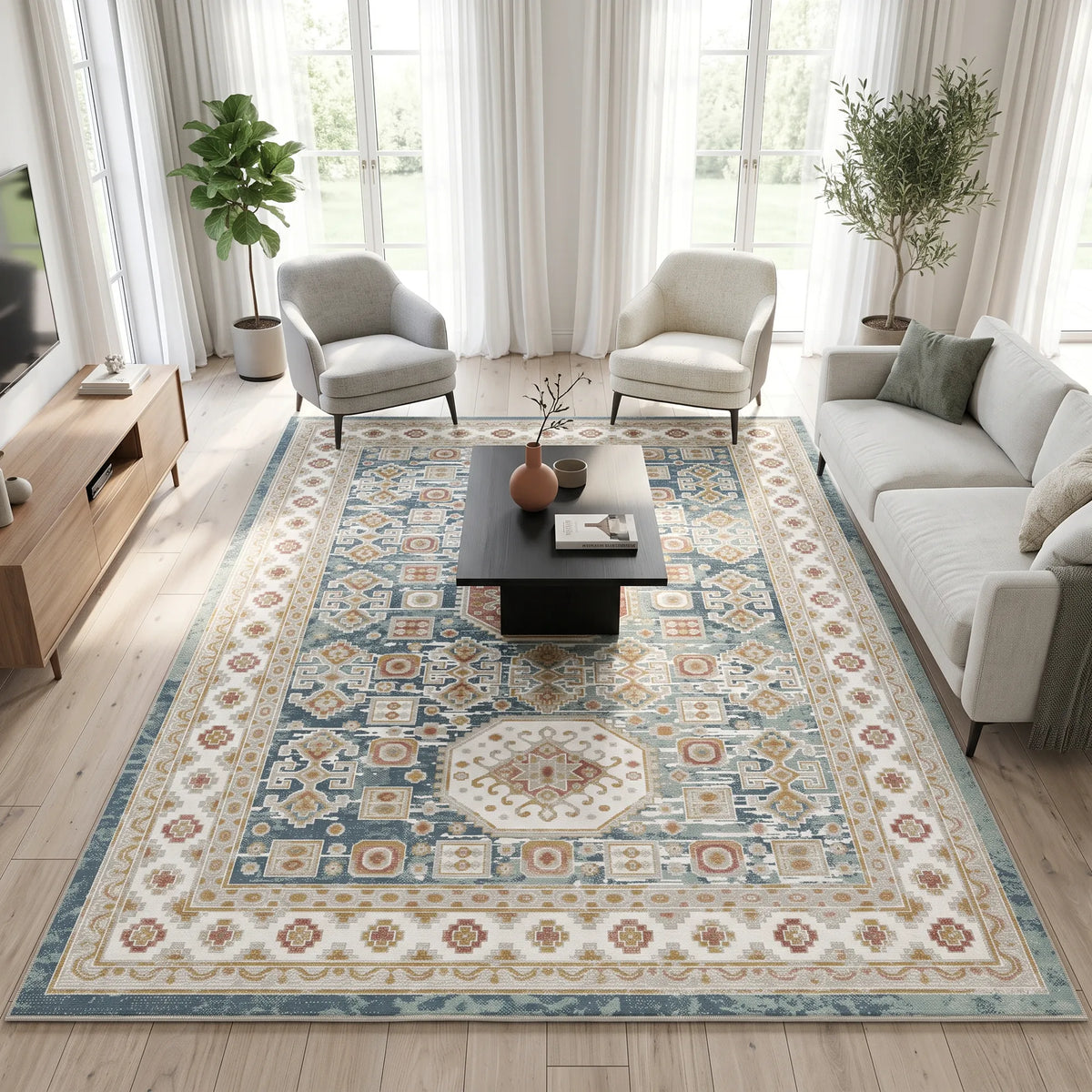Un grande tappeto rettangolare per interni con un intricato motivo tradizionale a medaglione nei toni del blu, del beige e del crema, ambientato in un soggiorno luminoso e moderno con un divano, poltrone e un tavolino da caffè.