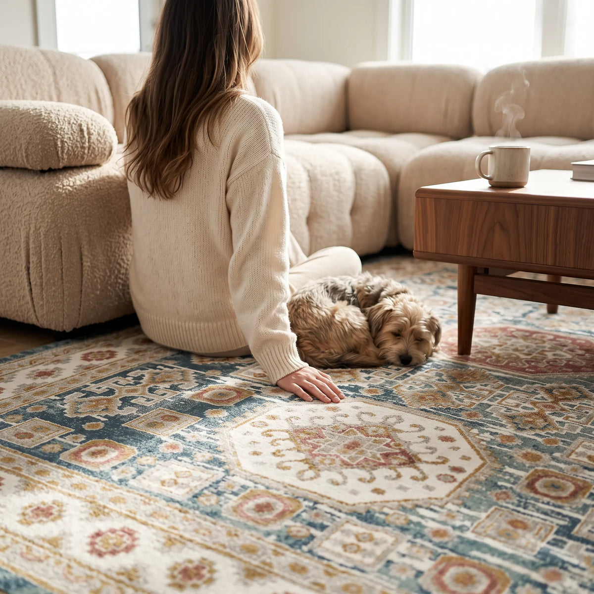 Un tappeto tradizionale verde e beige in un soggiorno e una donna seduta sul tappeto con il suo cane. Ci sono un tavolino da caffè e una tazza di caffè sopra.