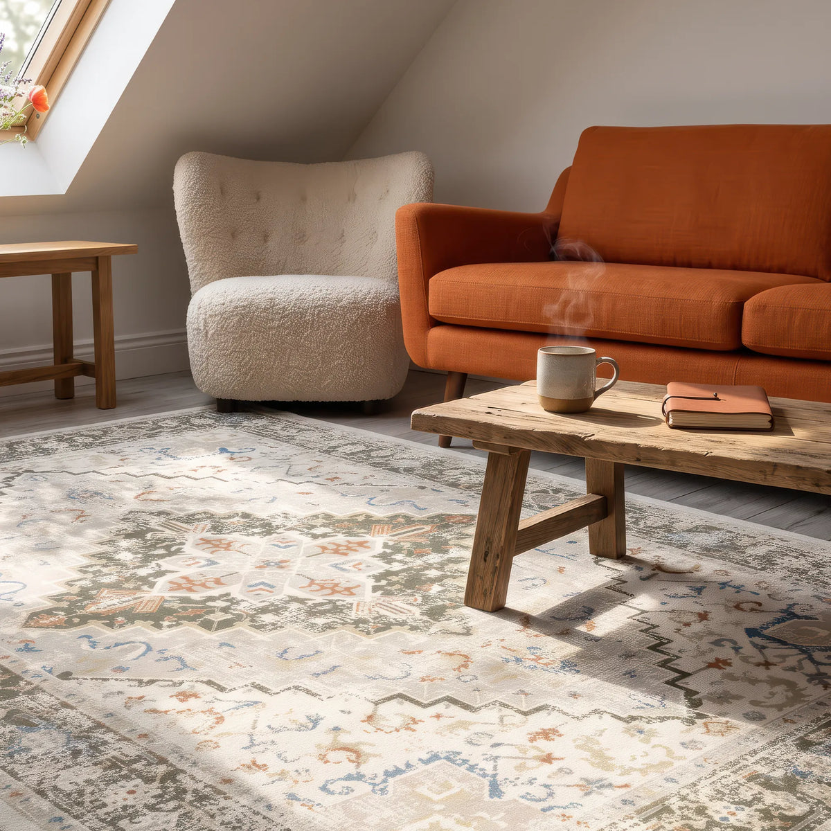 Un grande tappeto verde in stile tradizionale, con un intricato motivo floreale e geometrico multicolore nei toni del beige, del blu, dell’arancione e del verde, collocato in un accogliente soggiorno in mansarda con un divano arancione, una poltrona color crema in bouclé e un rustico tavolino da caffè in legno.